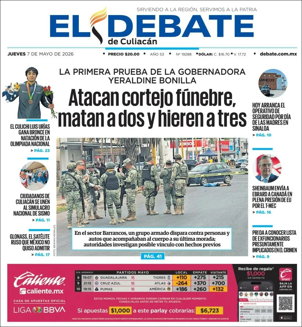 Portada de El Debate de Culiacan del jueves, 7 de mayo de 2026