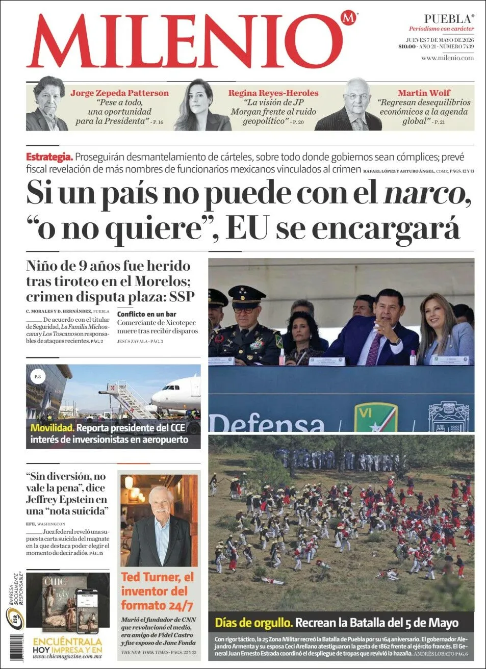 Portada de Milenio Puebla del jueves, 7 de mayo de 2026
