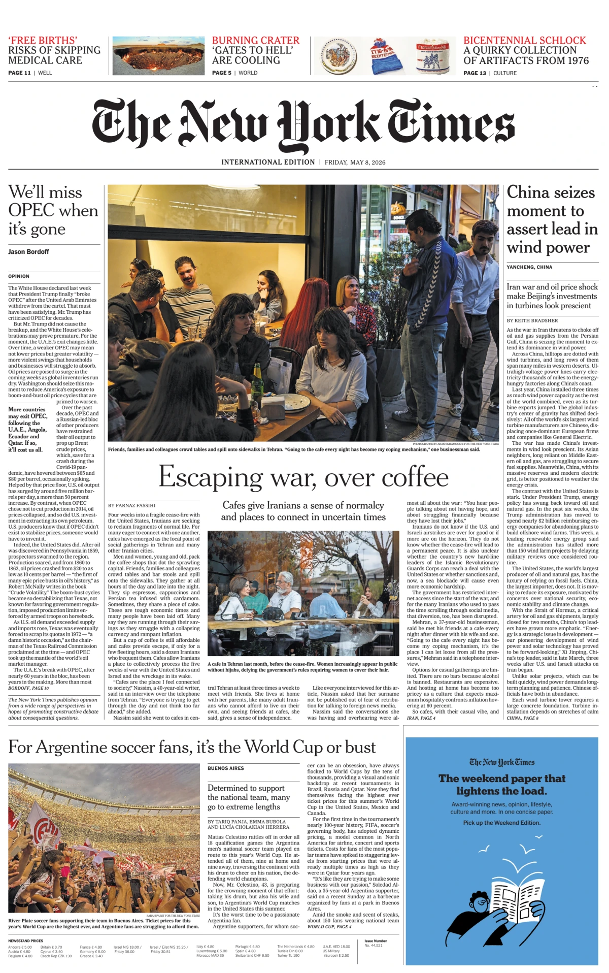 Portada de The New York Times (international) del viernes, 8 de mayo de 2026