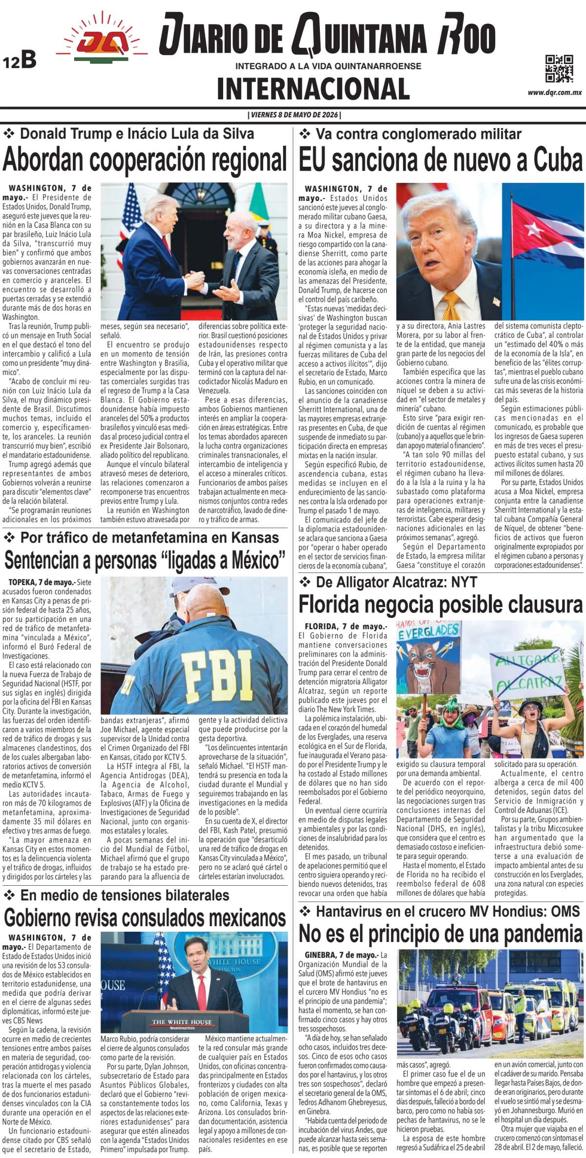 Portada de Diario de Quintana Roo (contra Portada) del viernes, 8 de mayo de 2026