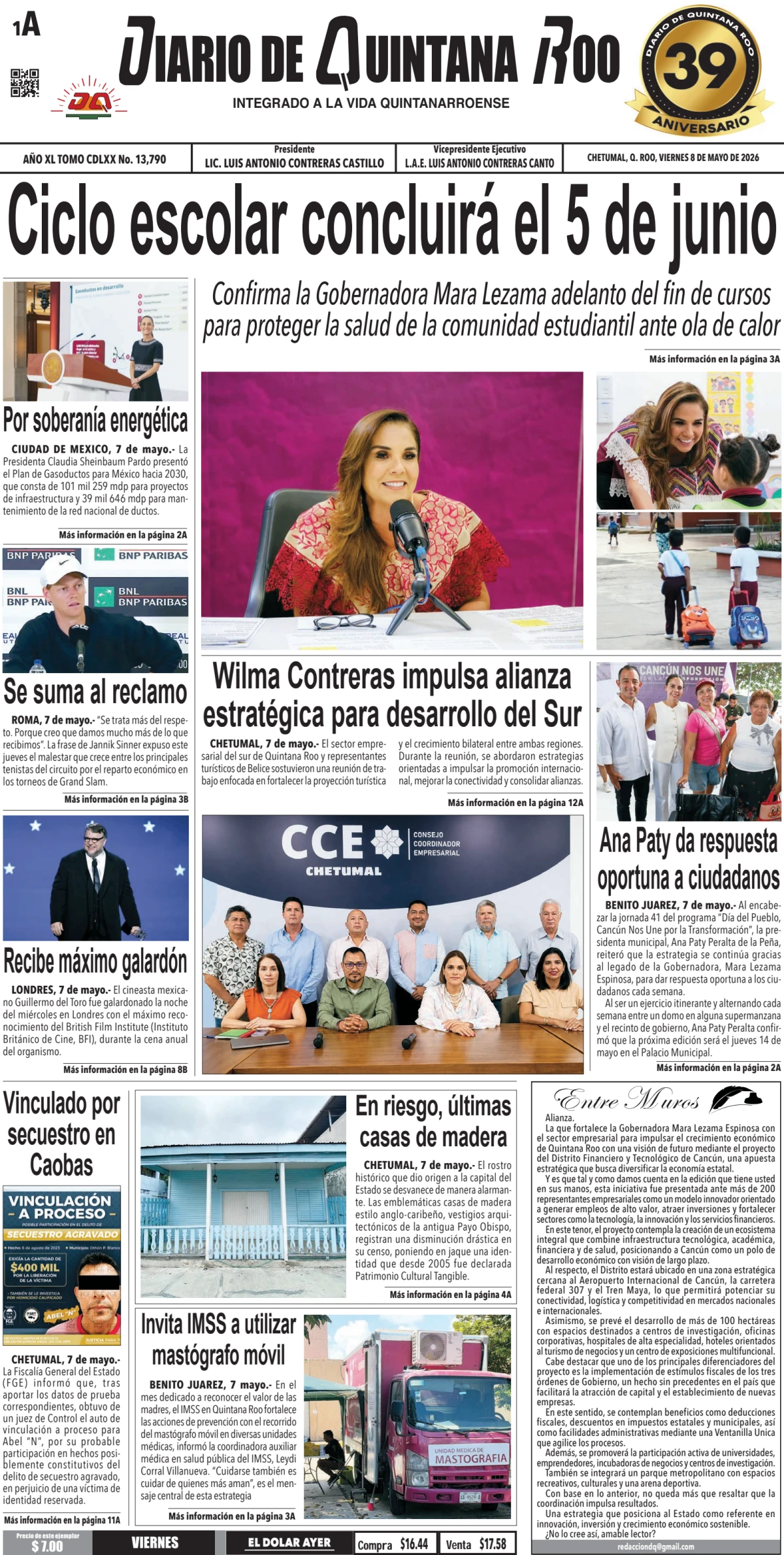 Portada de Diario de Quintana Roo (portada) del viernes, 8 de mayo de 2026