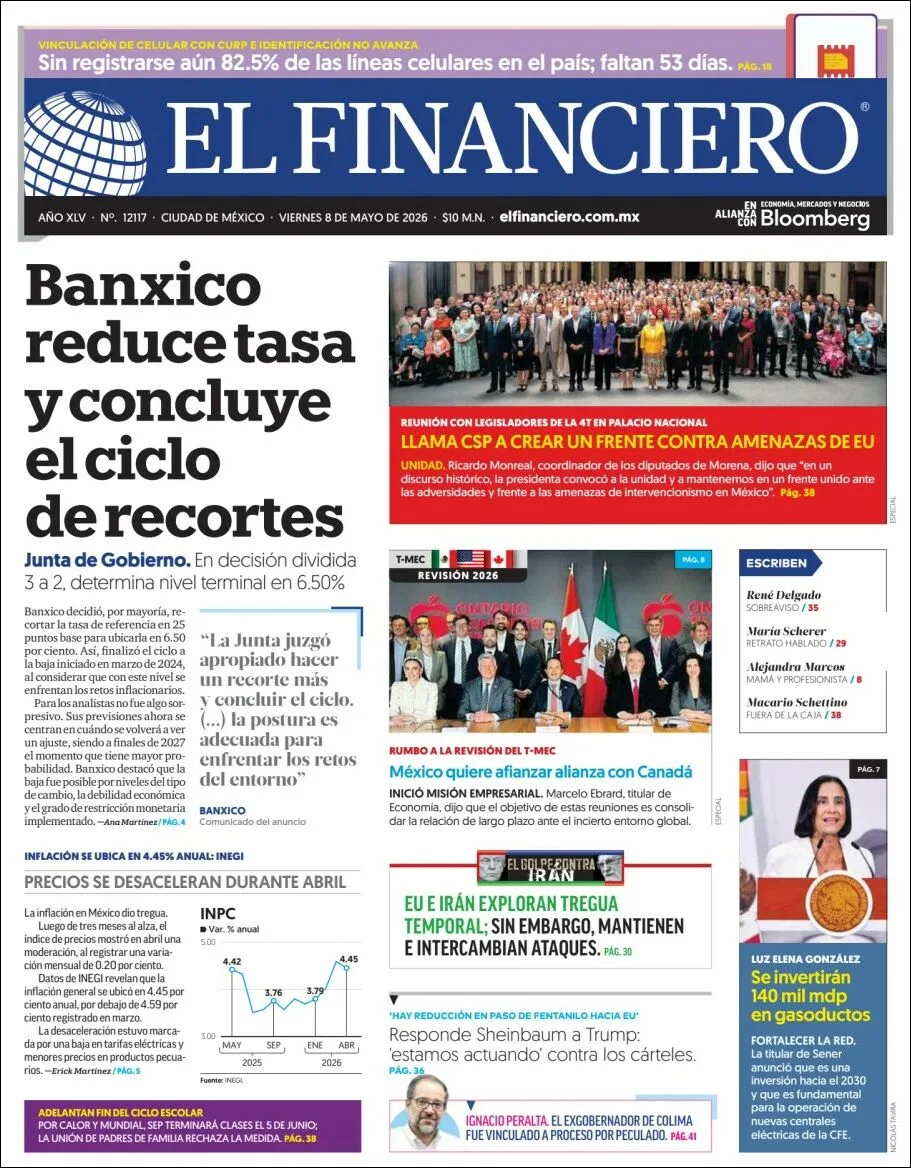 Portada de El Financiero del viernes, 8 de mayo de 2026