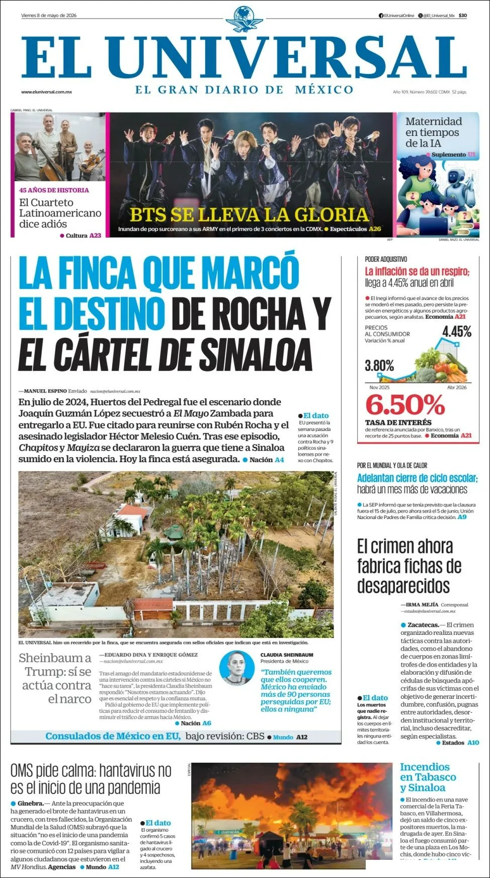 Portada de El Universal del viernes, 8 de mayo de 2026