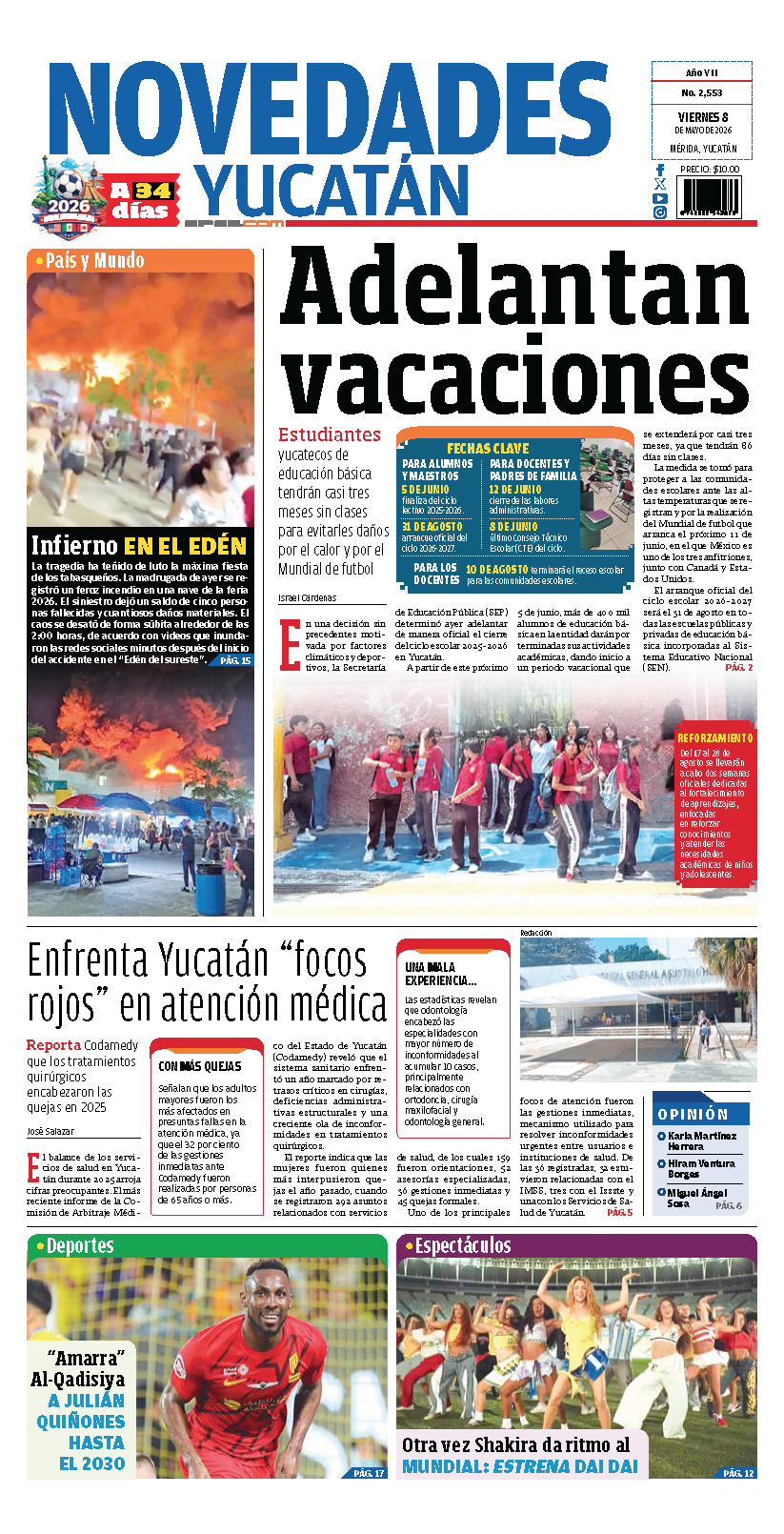 Portada de Novedades Yucatan del viernes, 8 de mayo de 2026