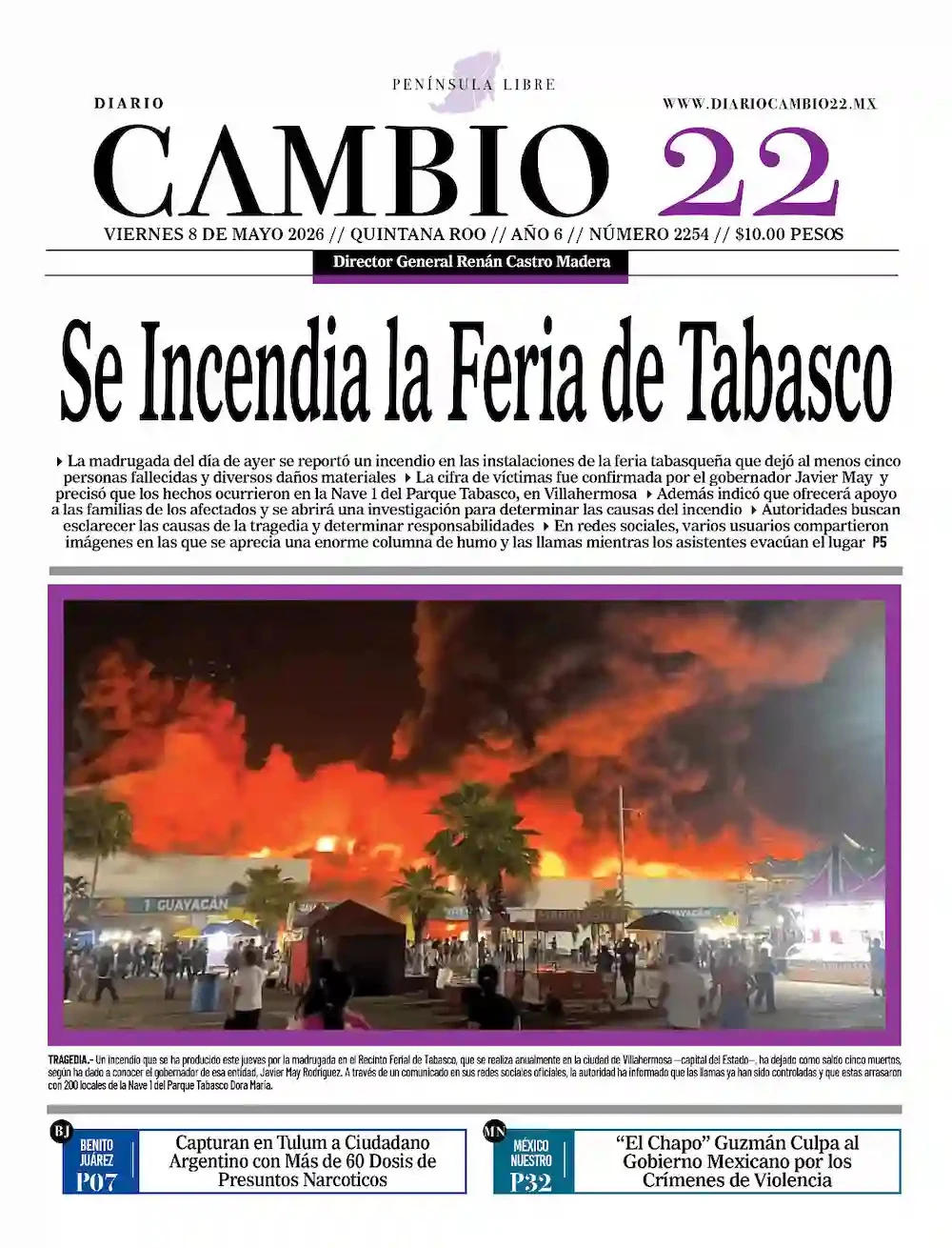 Portada de Diario Cambio 22 (portada) del viernes, 8 de mayo de 2026