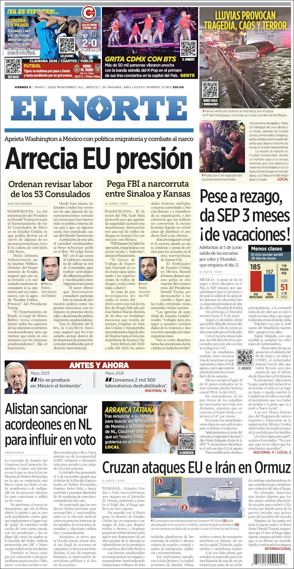 Portada de Reforma del viernes, 8 de mayo de 2026