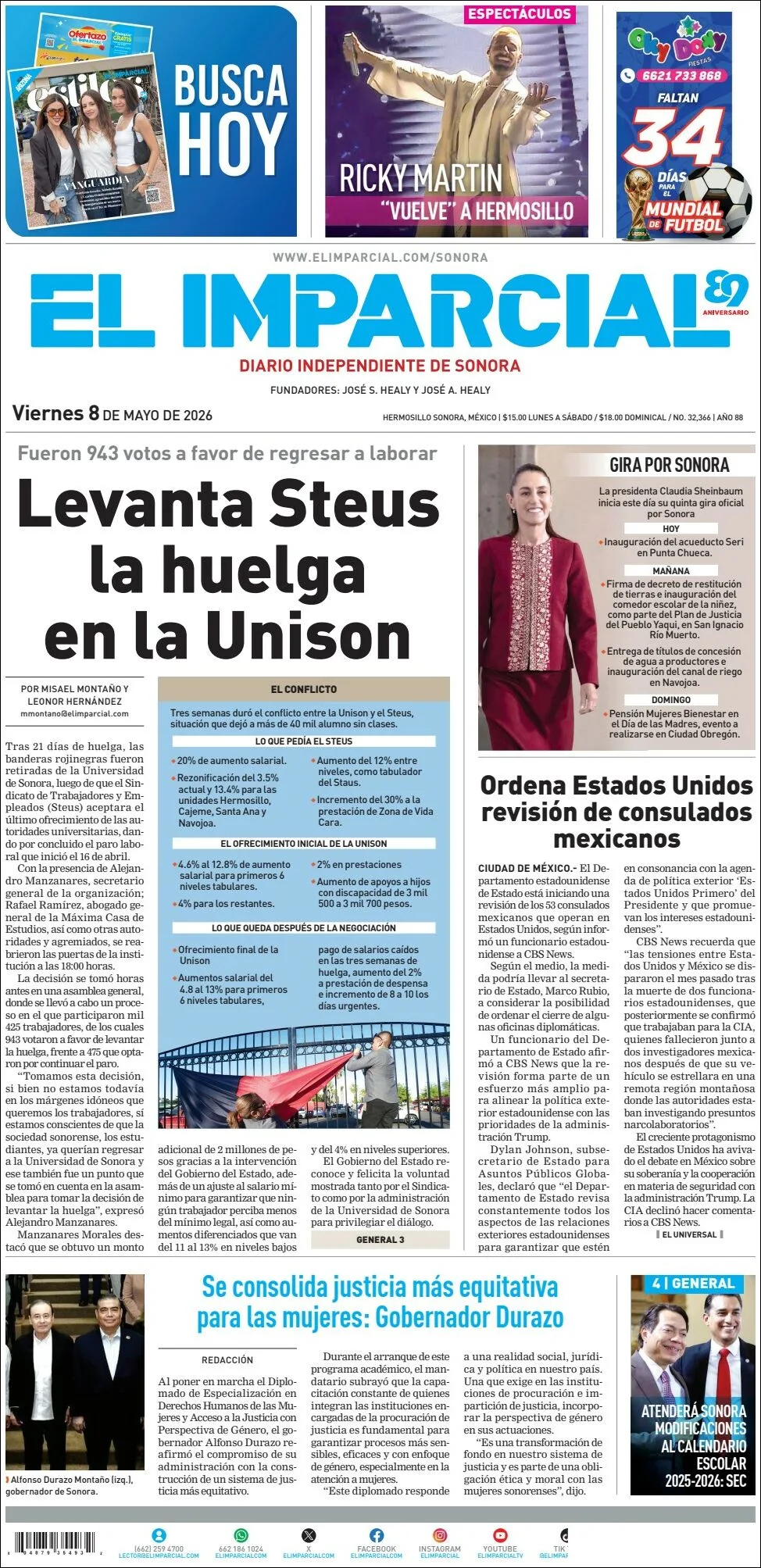 Portada de El Imparcial del viernes, 8 de mayo de 2026
