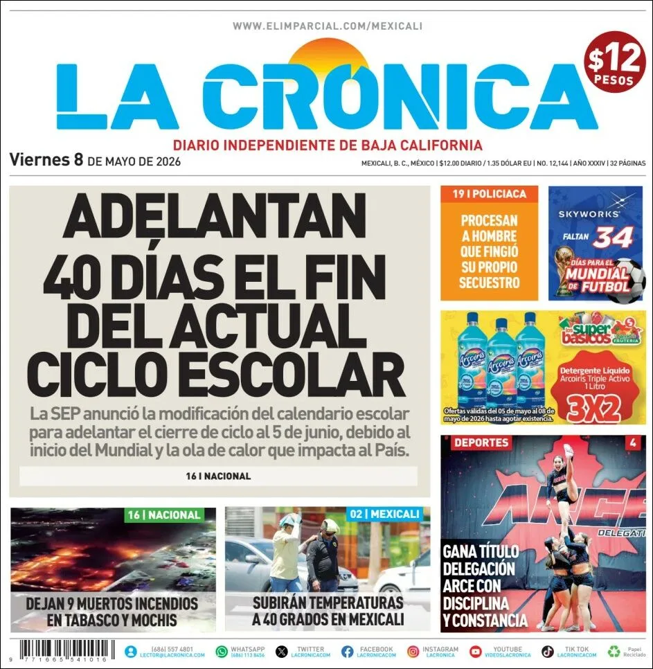 Portada de La Cronica del viernes, 8 de mayo de 2026