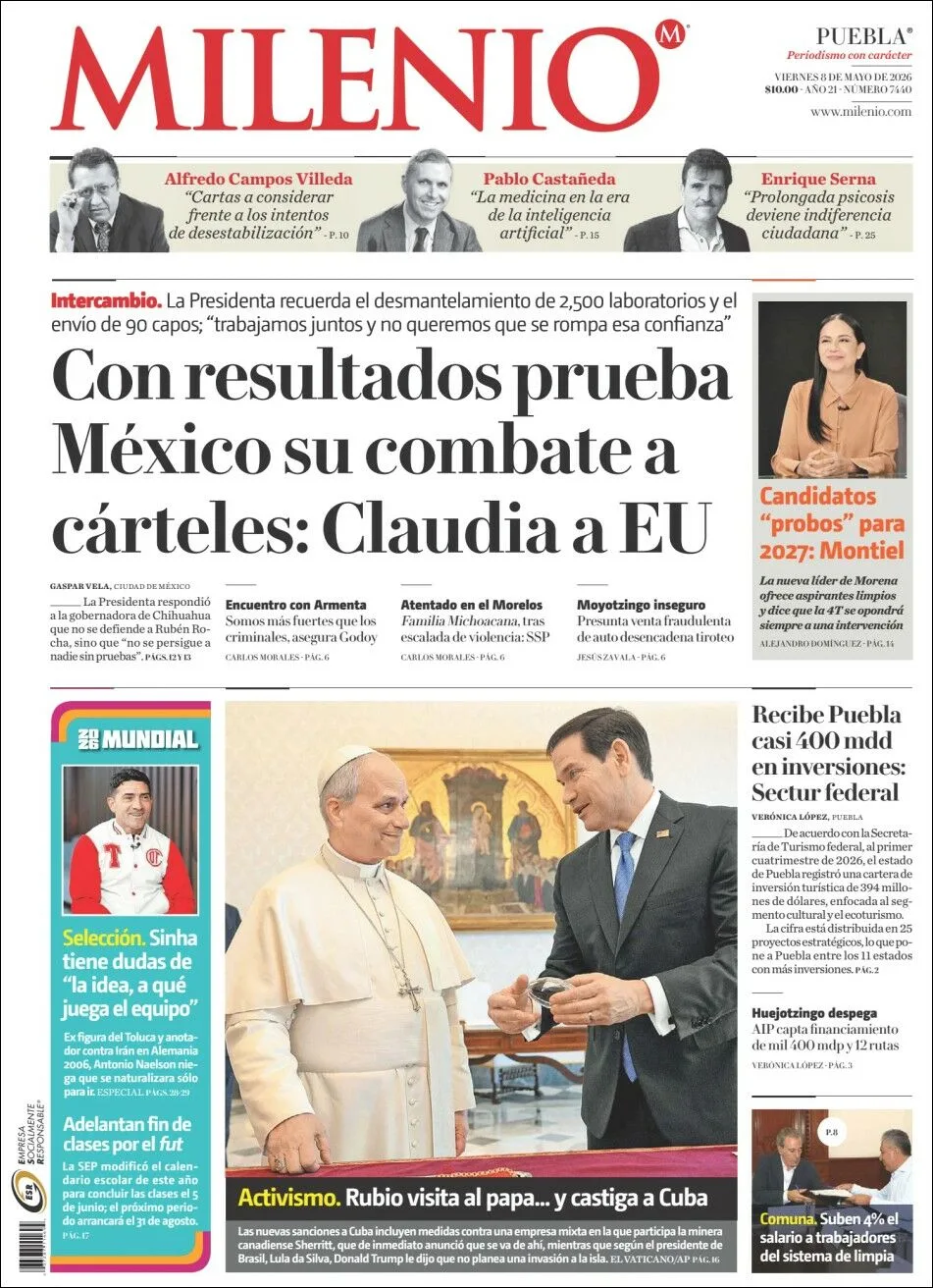 Portada de Milenio Puebla del viernes, 8 de mayo de 2026