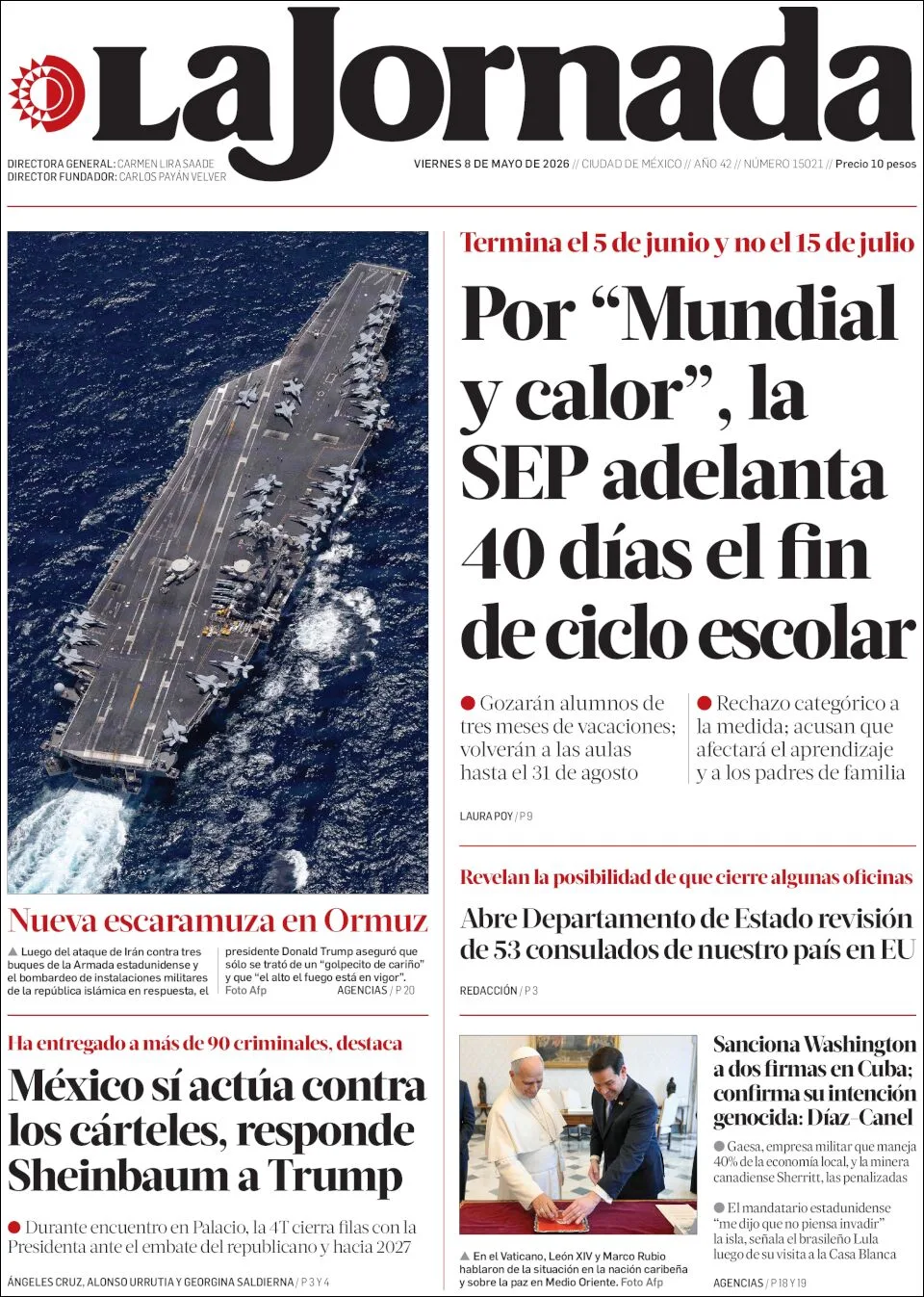 Portada de La Jornada del viernes, 8 de mayo de 2026