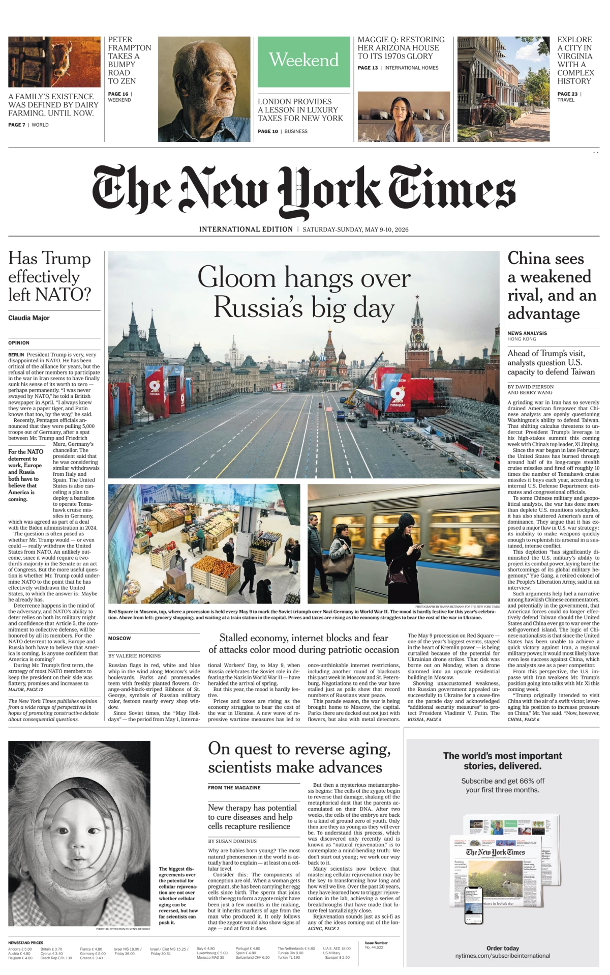 Portada de The New York Times (international) del sábado, 9 de mayo de 2026
