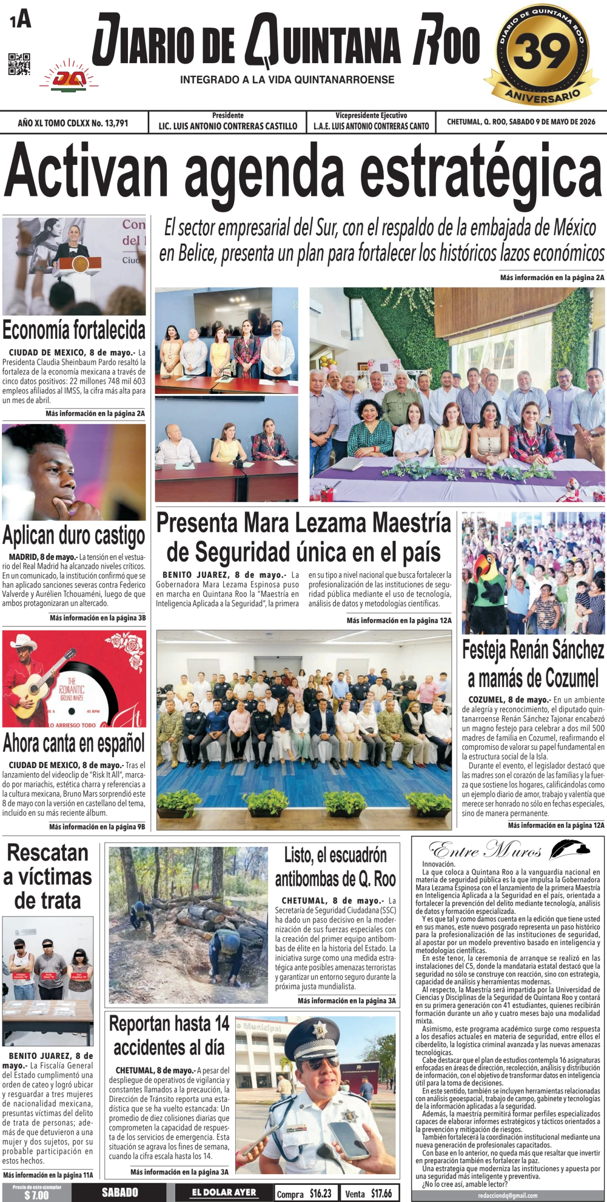 Portada de Diario de Quintana Roo (portada) del sábado, 9 de mayo de 2026