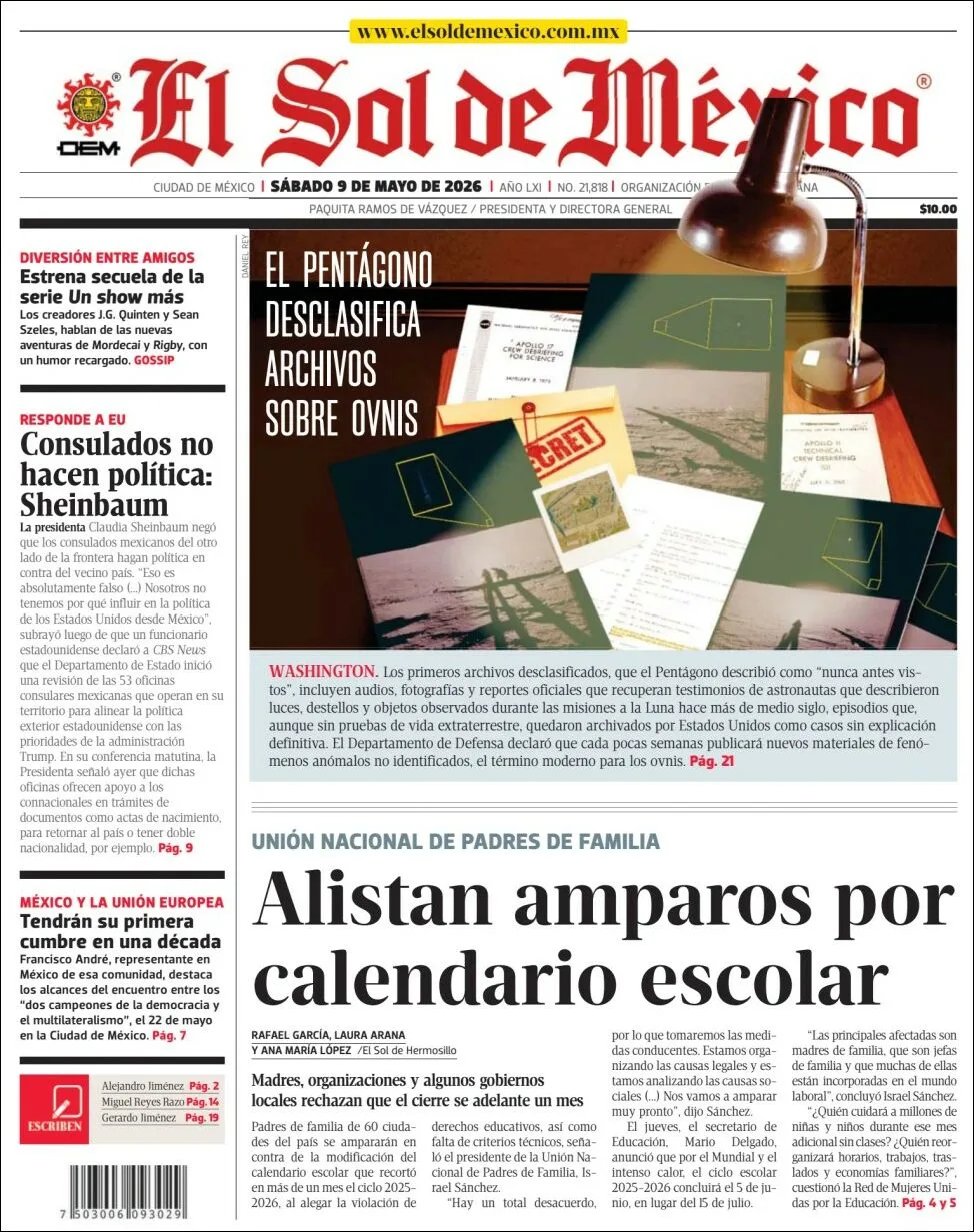 Portada de El Sol de Mexico del sábado, 9 de mayo de 2026