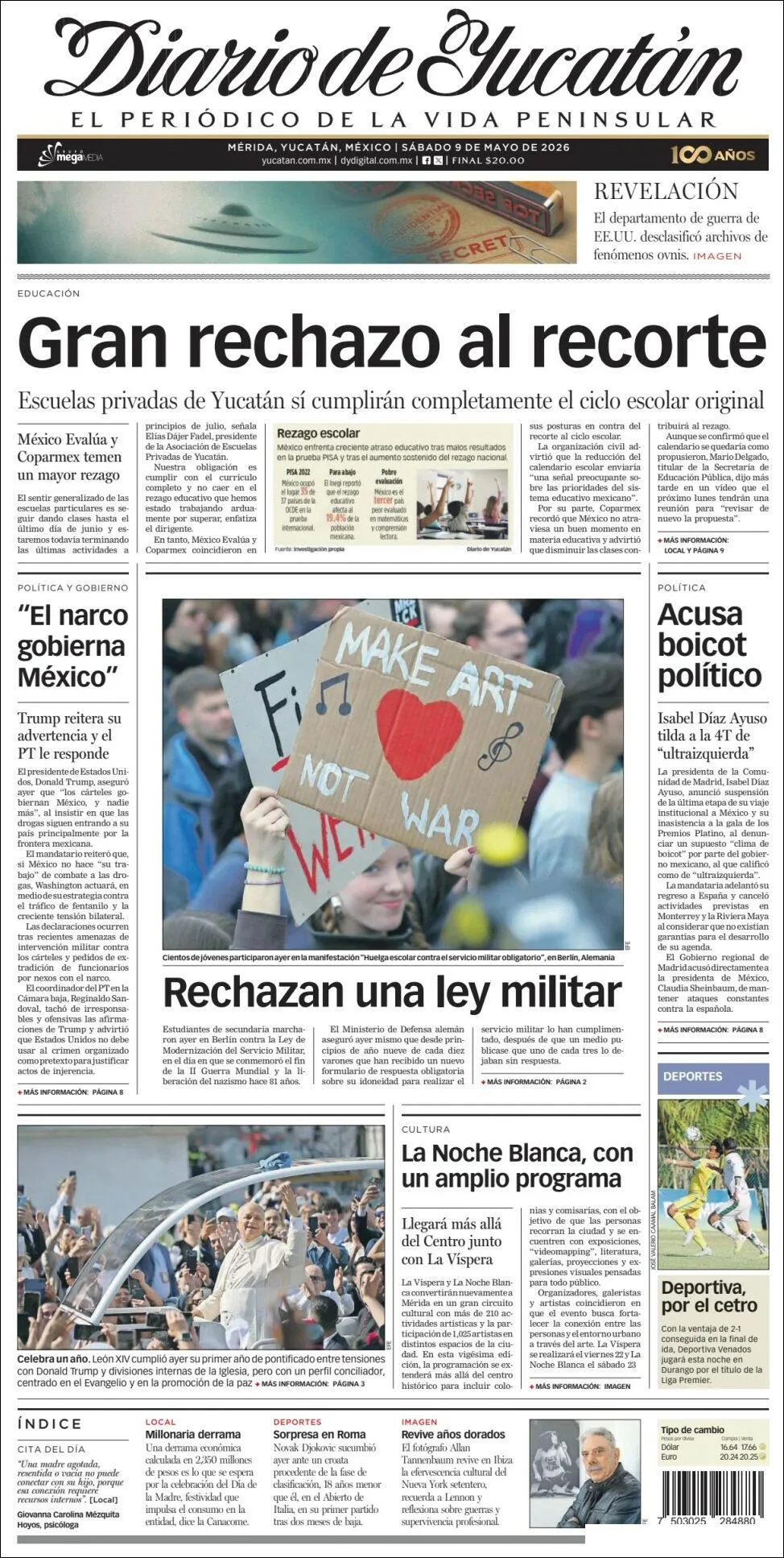 Portada de Diario de Yucatán del sábado, 9 de mayo de 2026