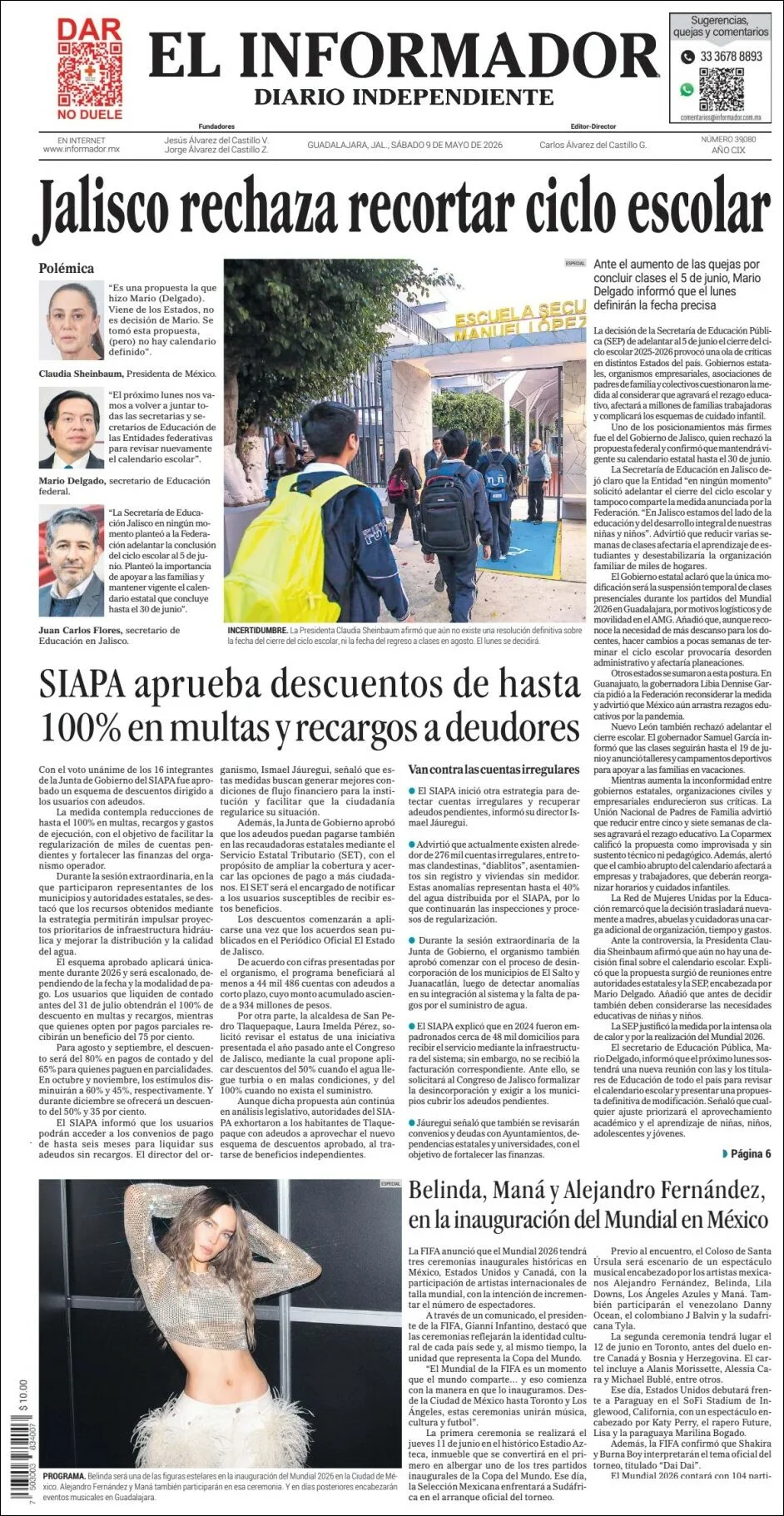 Portada de El Informador del sábado, 9 de mayo de 2026