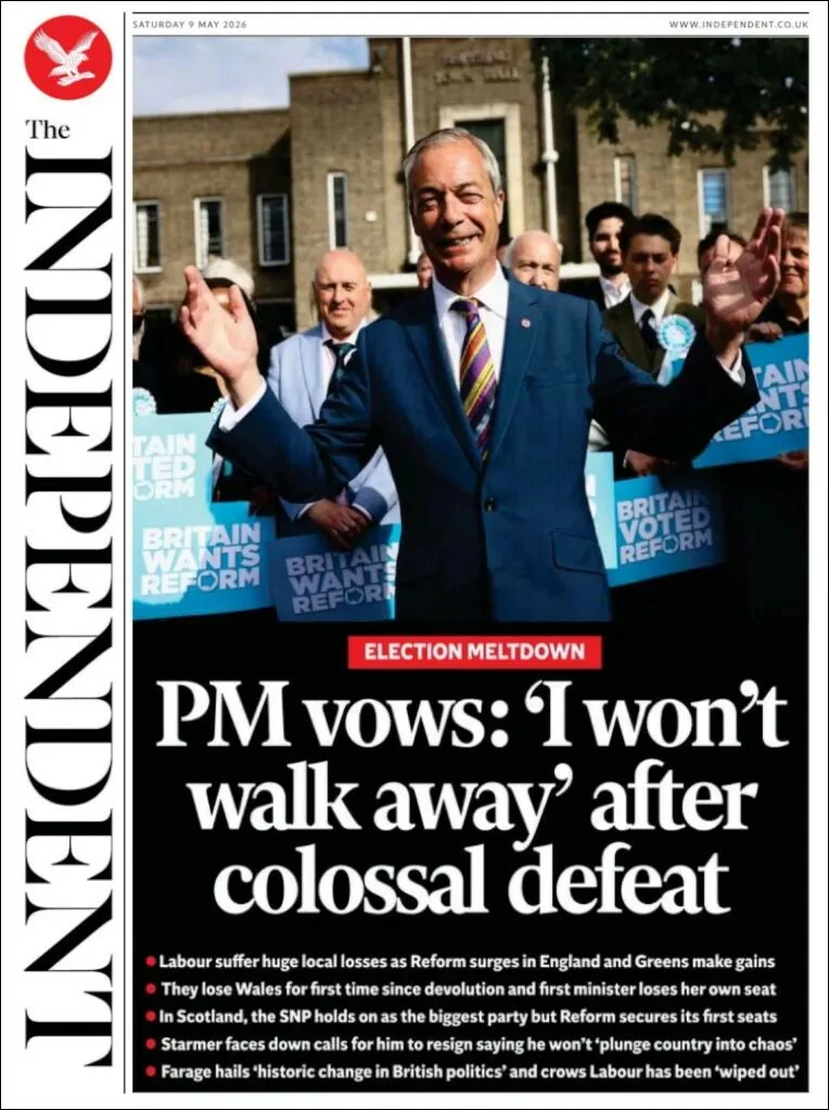 Portada de The Independent del sábado, 9 de mayo de 2026