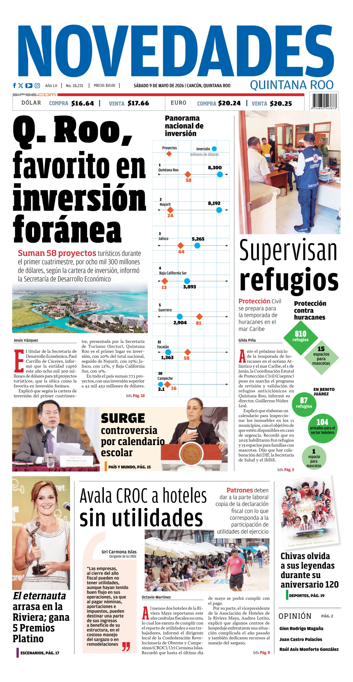 Portada de Novedades Quintana Roo del sábado, 9 de mayo de 2026