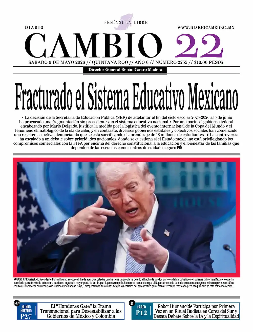Portada de Diario Cambio 22 (contraportada) del sábado, 9 de mayo de 2026