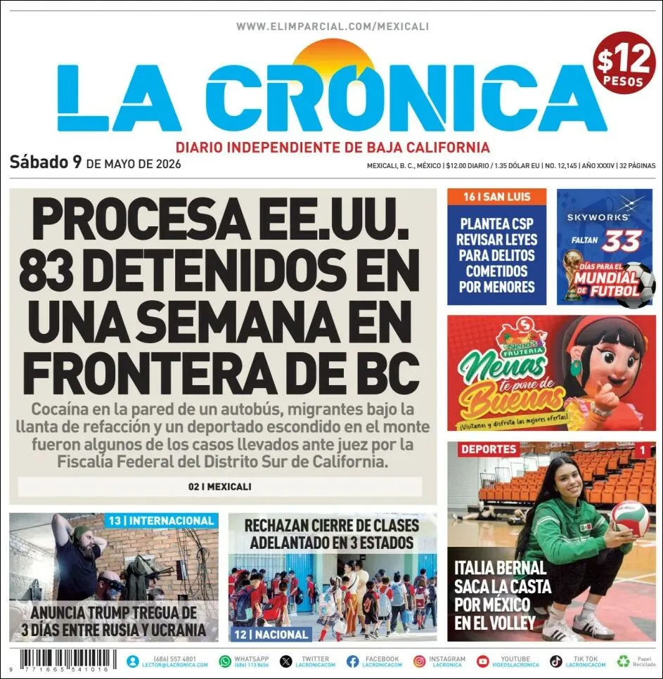 Portada de La Cronica del sábado, 9 de mayo de 2026