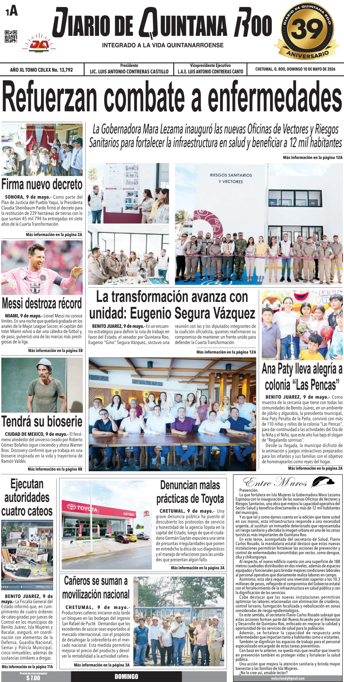 Portada de Diario de Quintana Roo (portada) del domingo, 10 de mayo de 2026