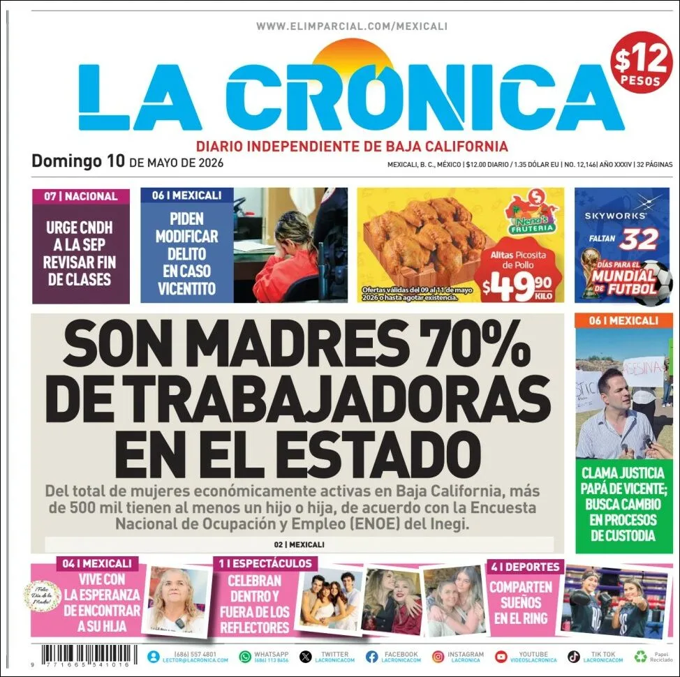 Portada de La Cronica del domingo, 10 de mayo de 2026