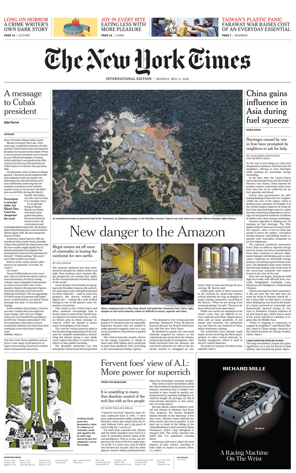 Portada de The New York Times (international) del lunes, 11 de mayo de 2026