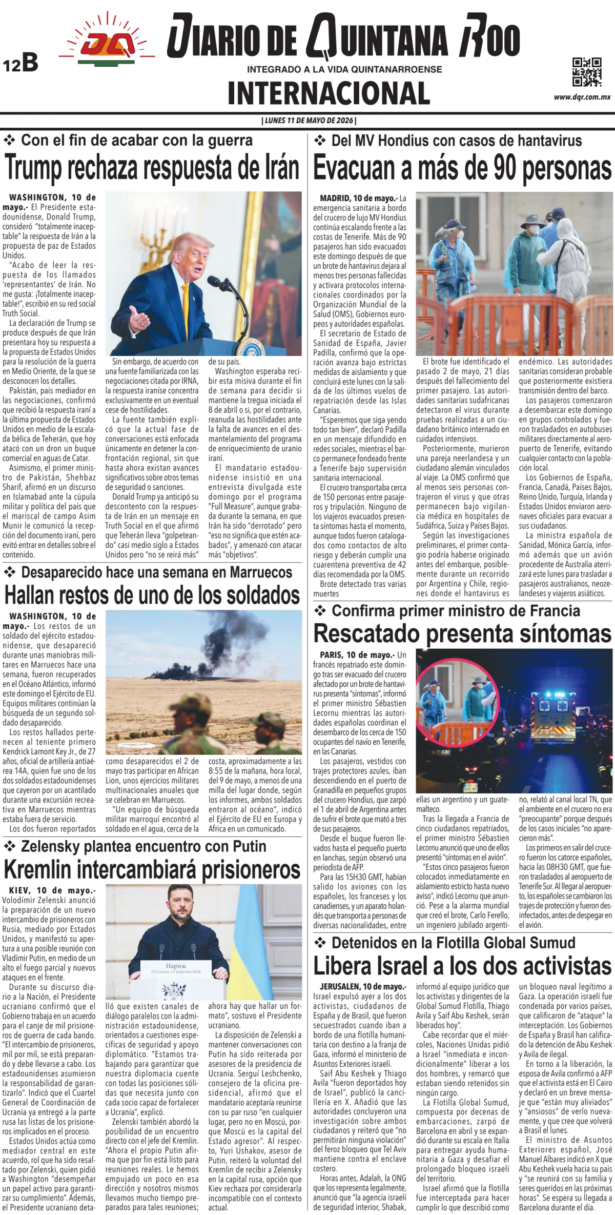 Portada de Diario de Quintana Roo (contra Portada) del lunes, 11 de mayo de 2026