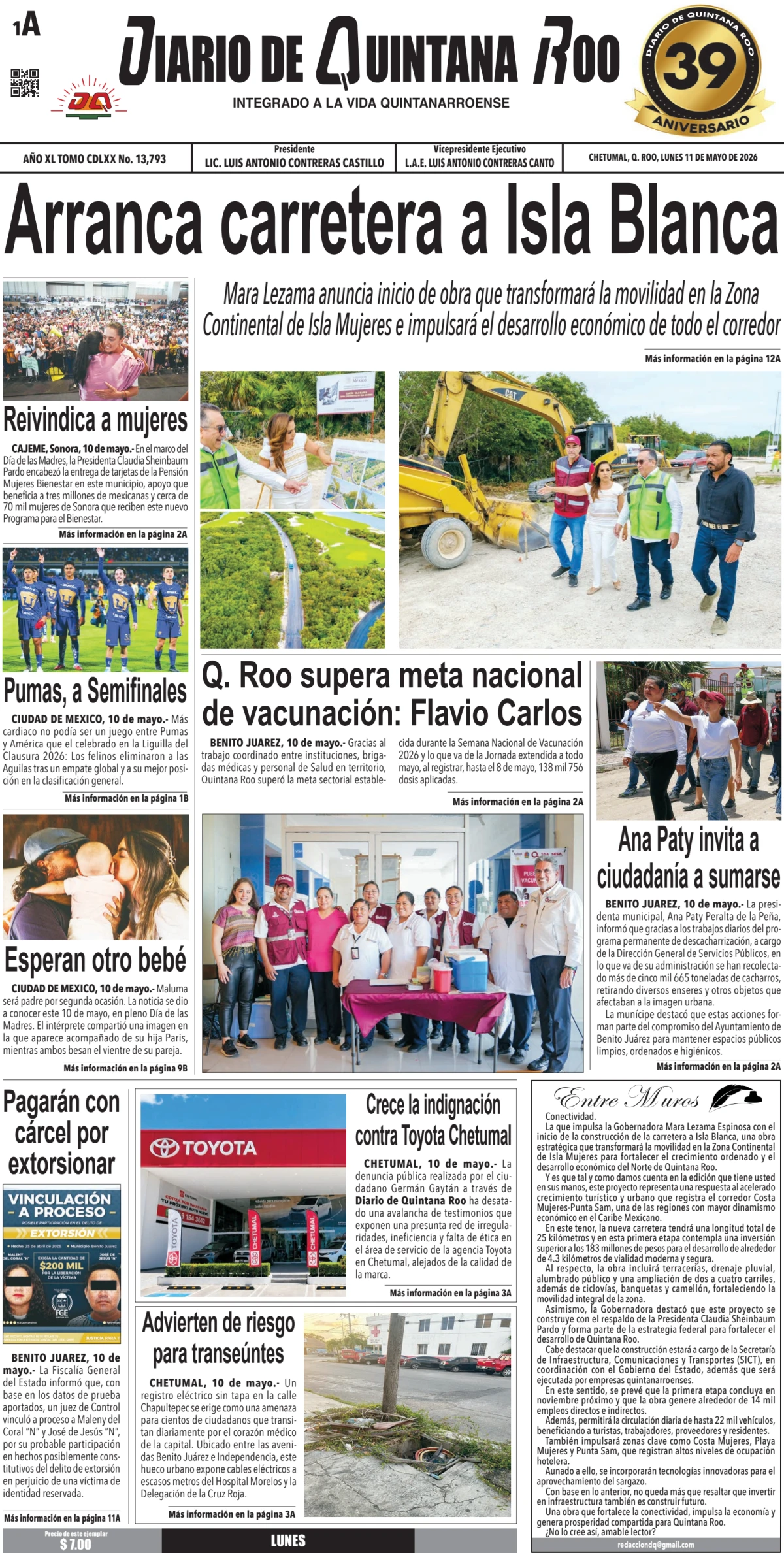 Portada de Diario de Quintana Roo (portada) del lunes, 11 de mayo de 2026