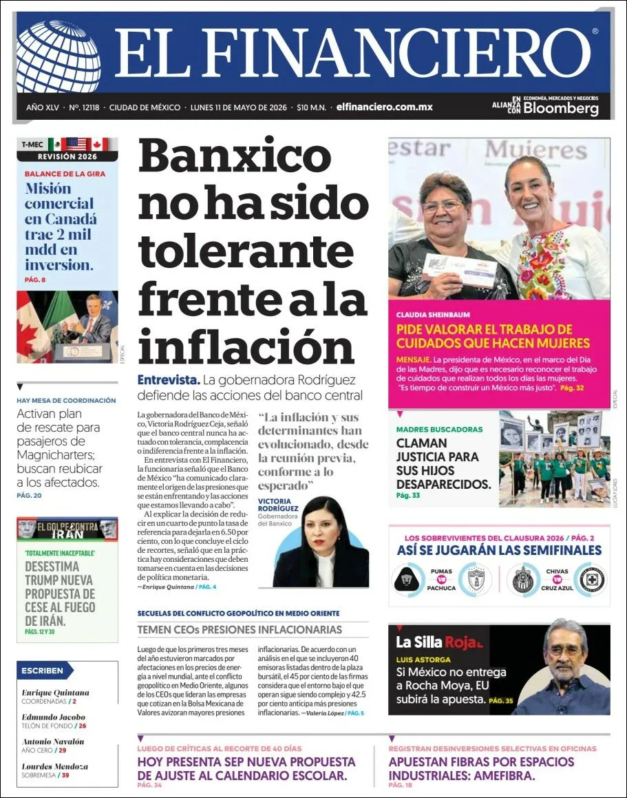 Portada de El Financiero del lunes, 11 de mayo de 2026