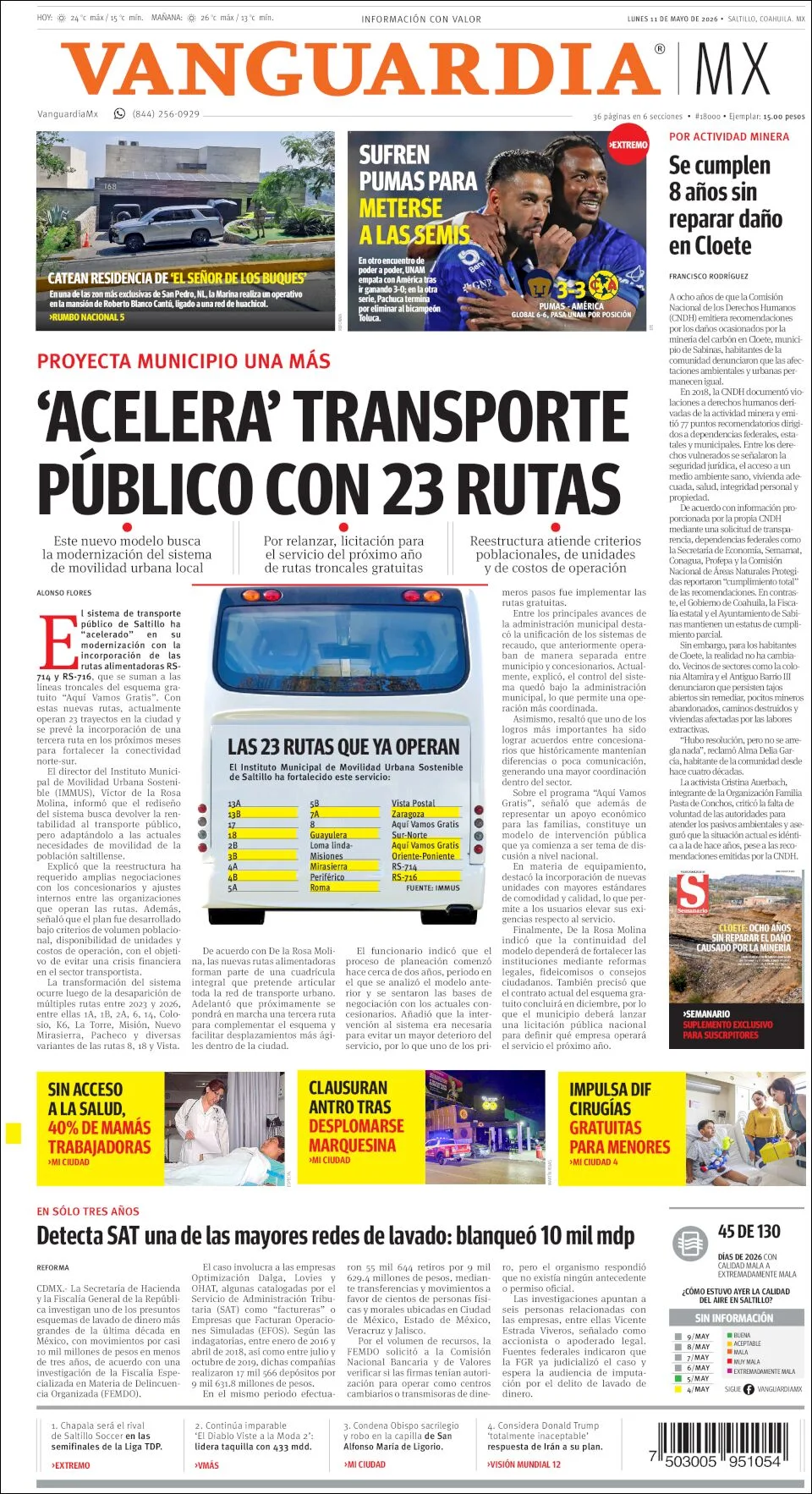 Portada de Vanguardia del lunes, 11 de mayo de 2026