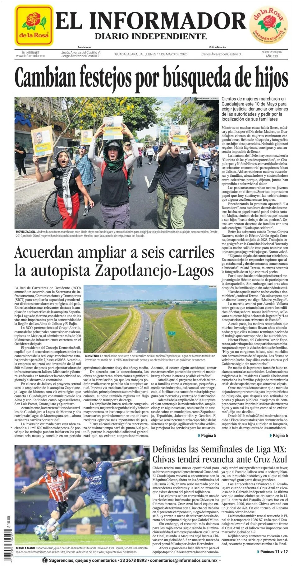 Portada de El Informador del lunes, 11 de mayo de 2026