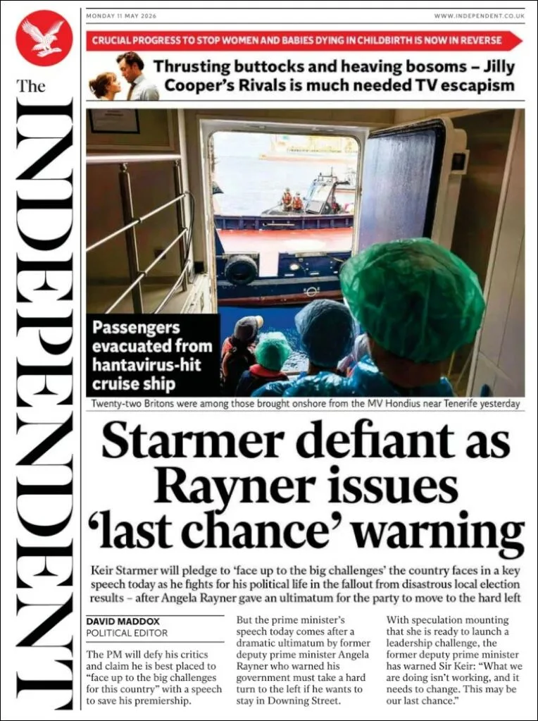 Portada de The Independent del lunes, 11 de mayo de 2026