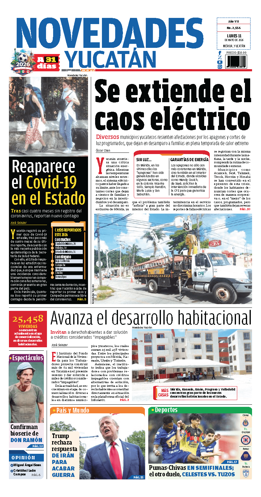 Portada de Novedades Yucatan del lunes, 11 de mayo de 2026