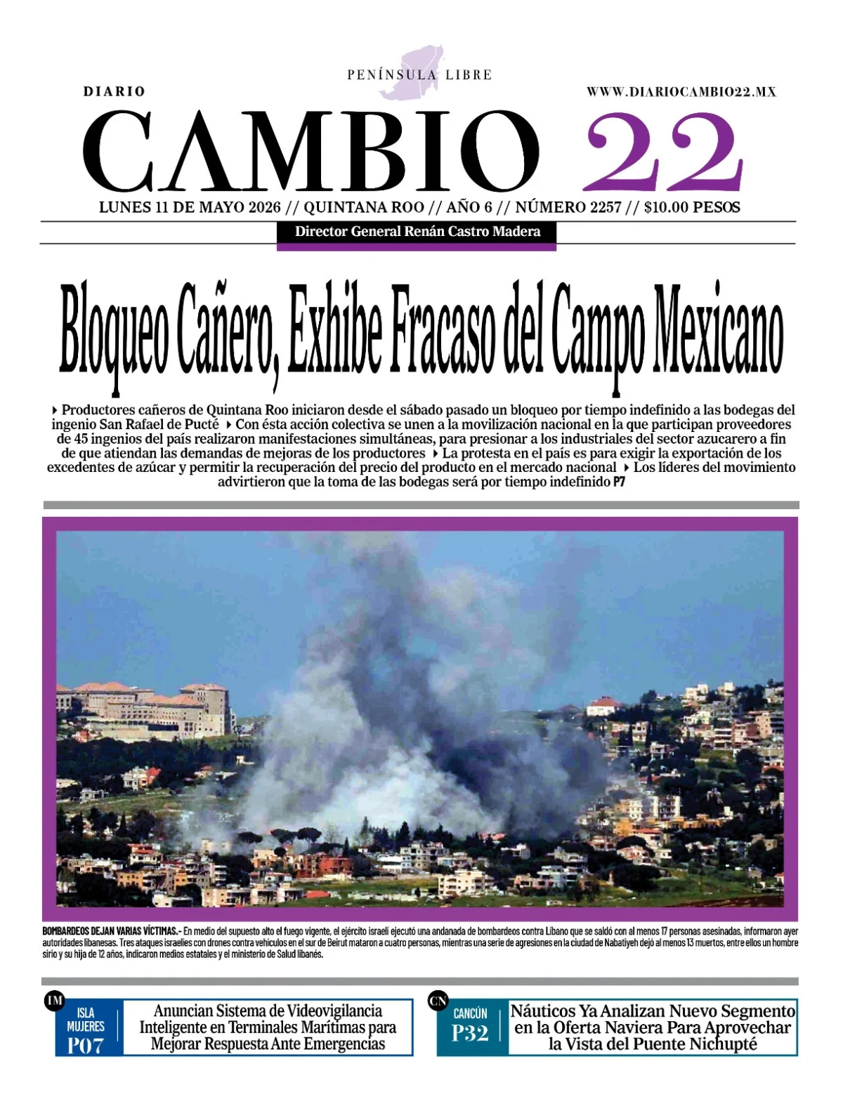 Portada de Diario Cambio 22 (portada) del lunes, 11 de mayo de 2026