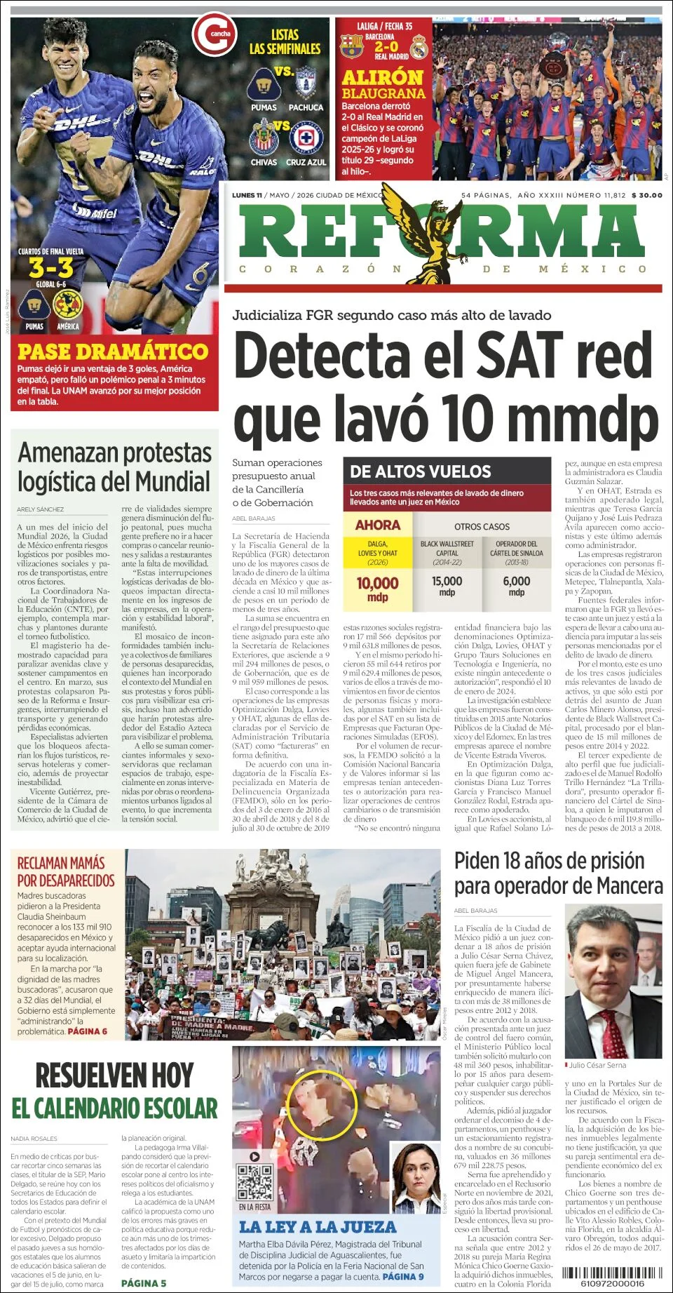 Portada de Reforma del lunes, 11 de mayo de 2026