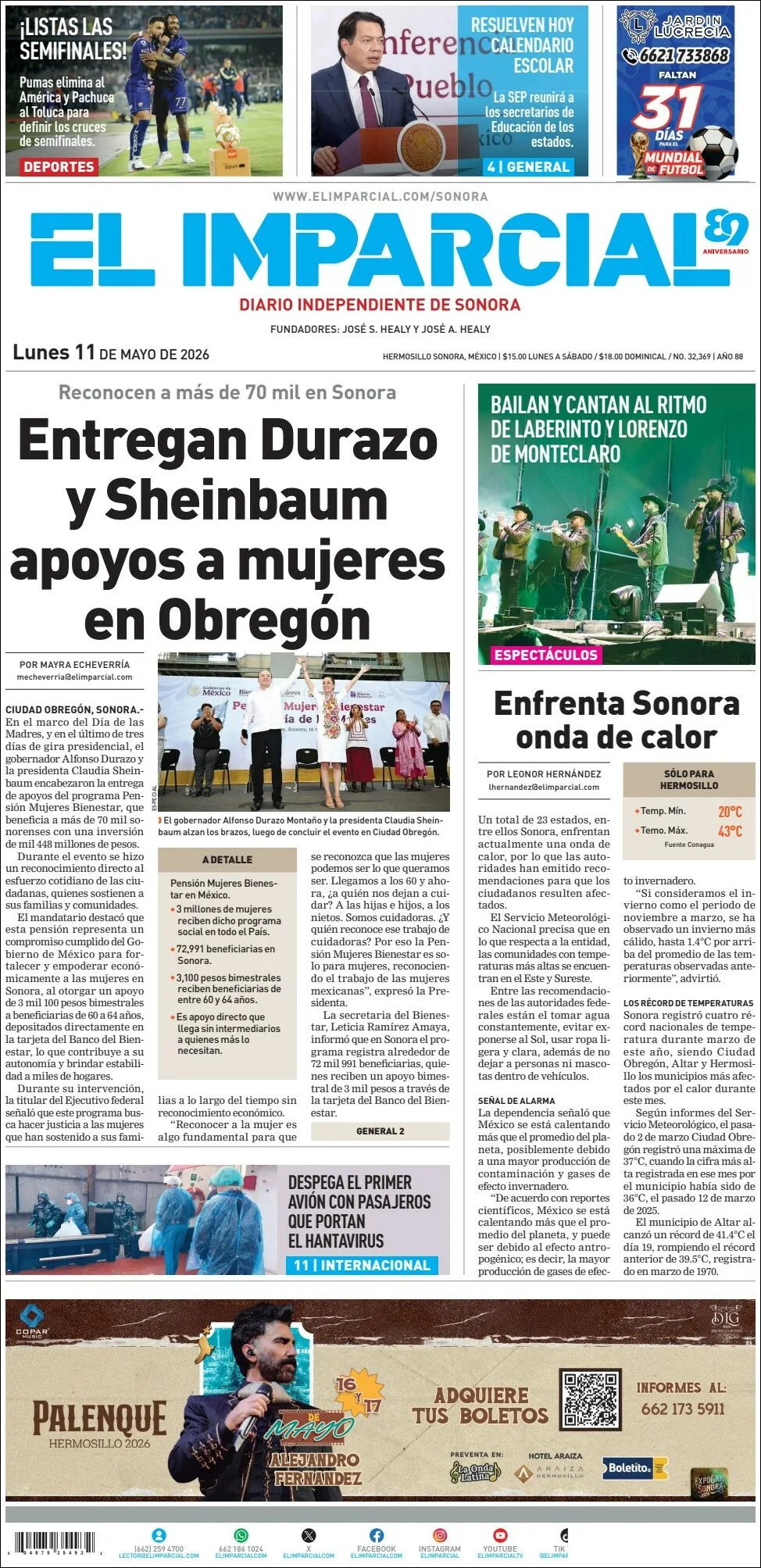 Portada de El Imparcial del lunes, 11 de mayo de 2026
