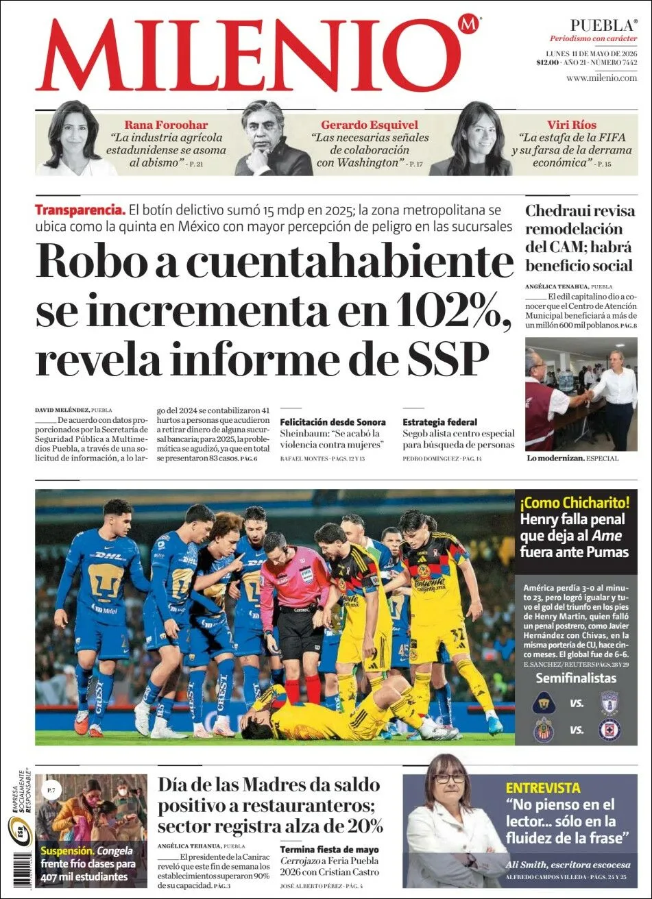 Portada de Milenio Puebla del lunes, 11 de mayo de 2026