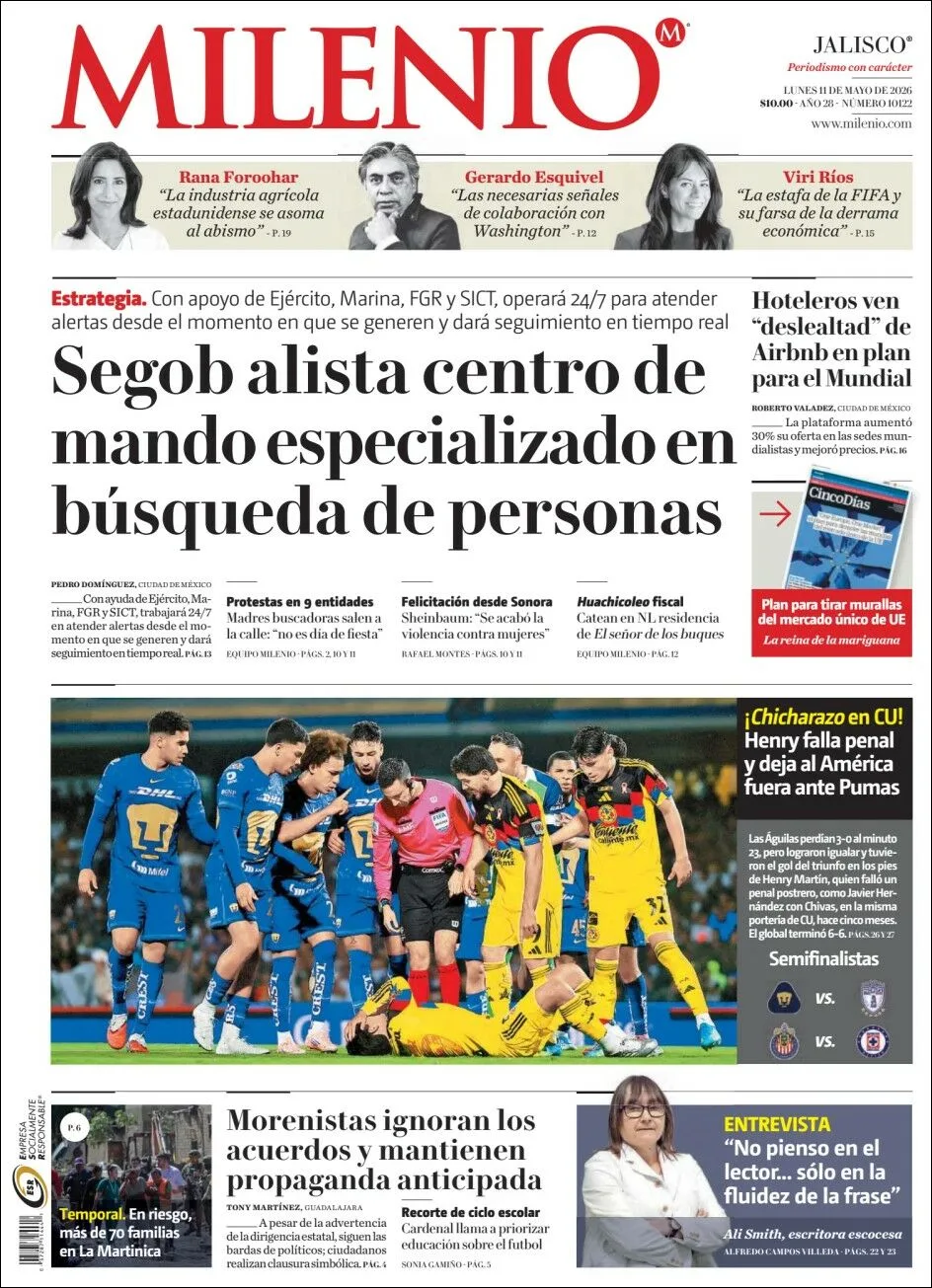 Portada de Milenio Jalisco del lunes, 11 de mayo de 2026
