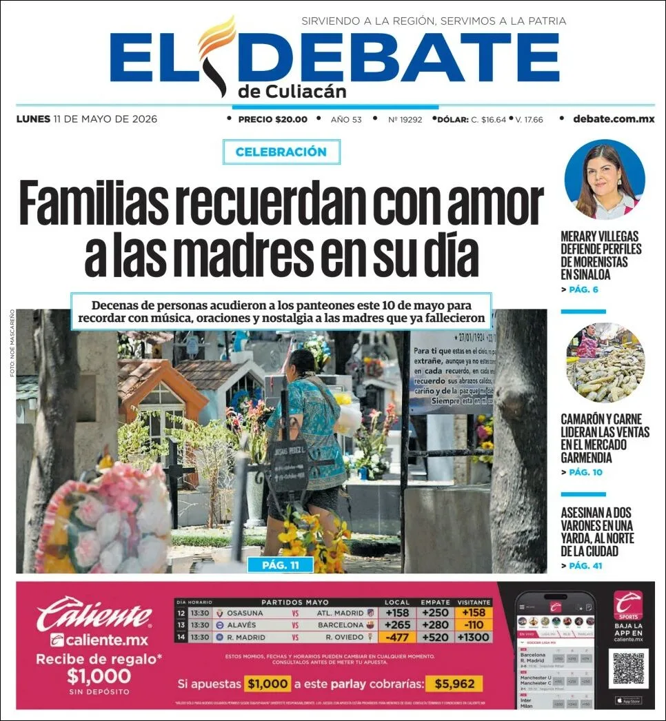 Portada de El Debate de Culiacan del lunes, 11 de mayo de 2026