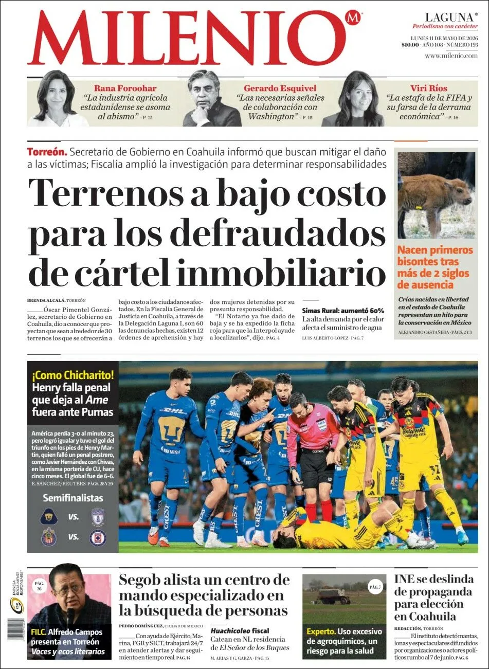Portada de Milenio Laguna del lunes, 11 de mayo de 2026