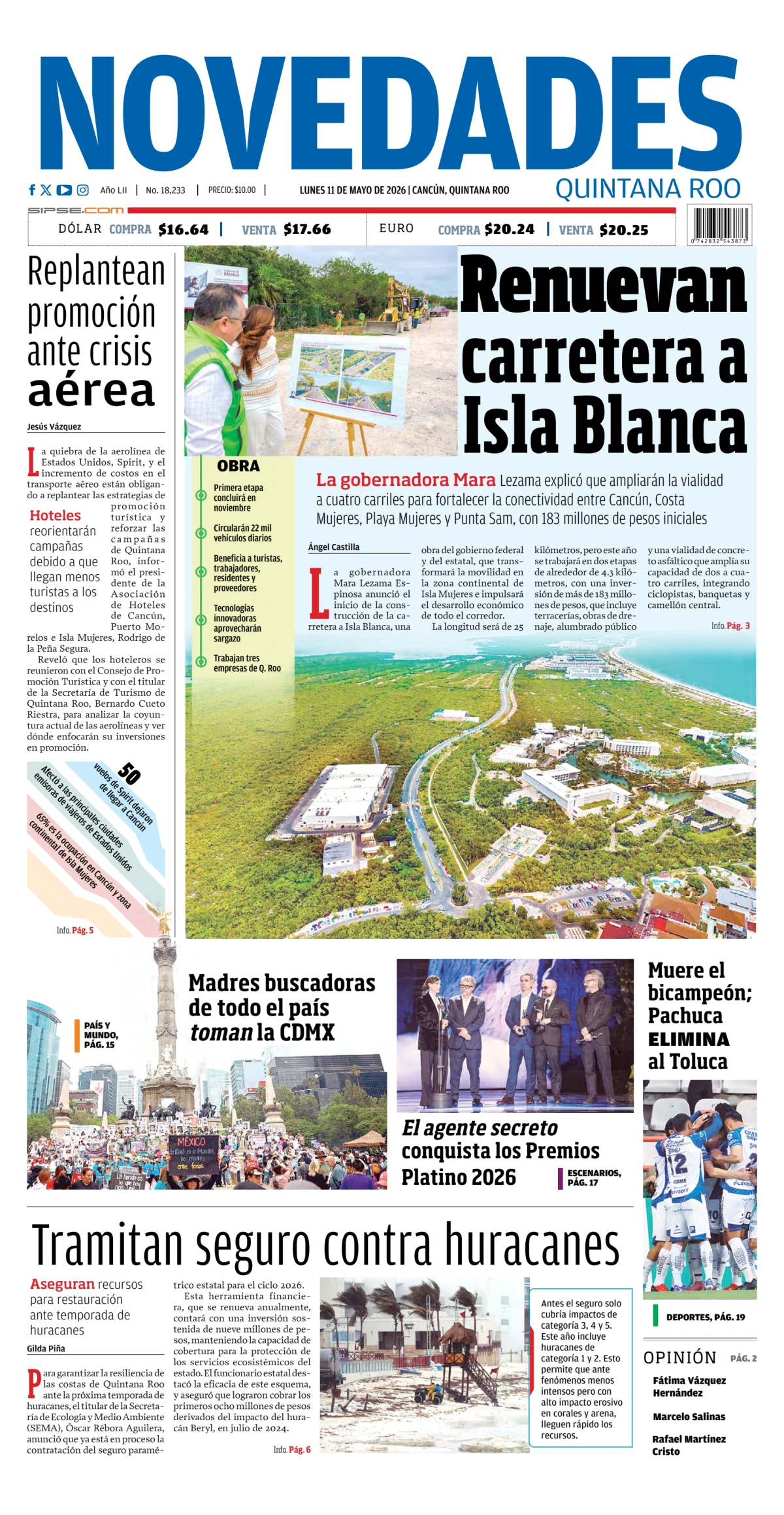 Portada de Novedades Quintana Roo del lunes, 11 de mayo de 2026