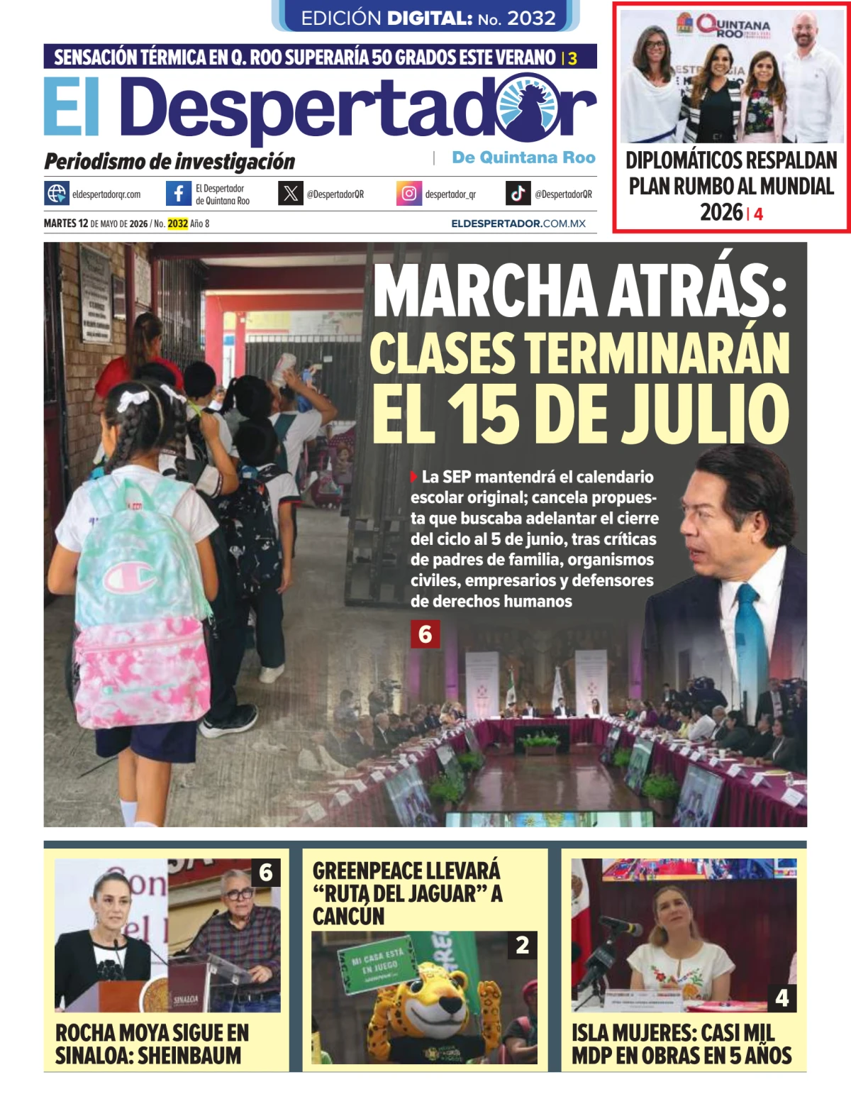 Portada de El Despertador de Quintana Roo del martes, 12 de mayo de 2026