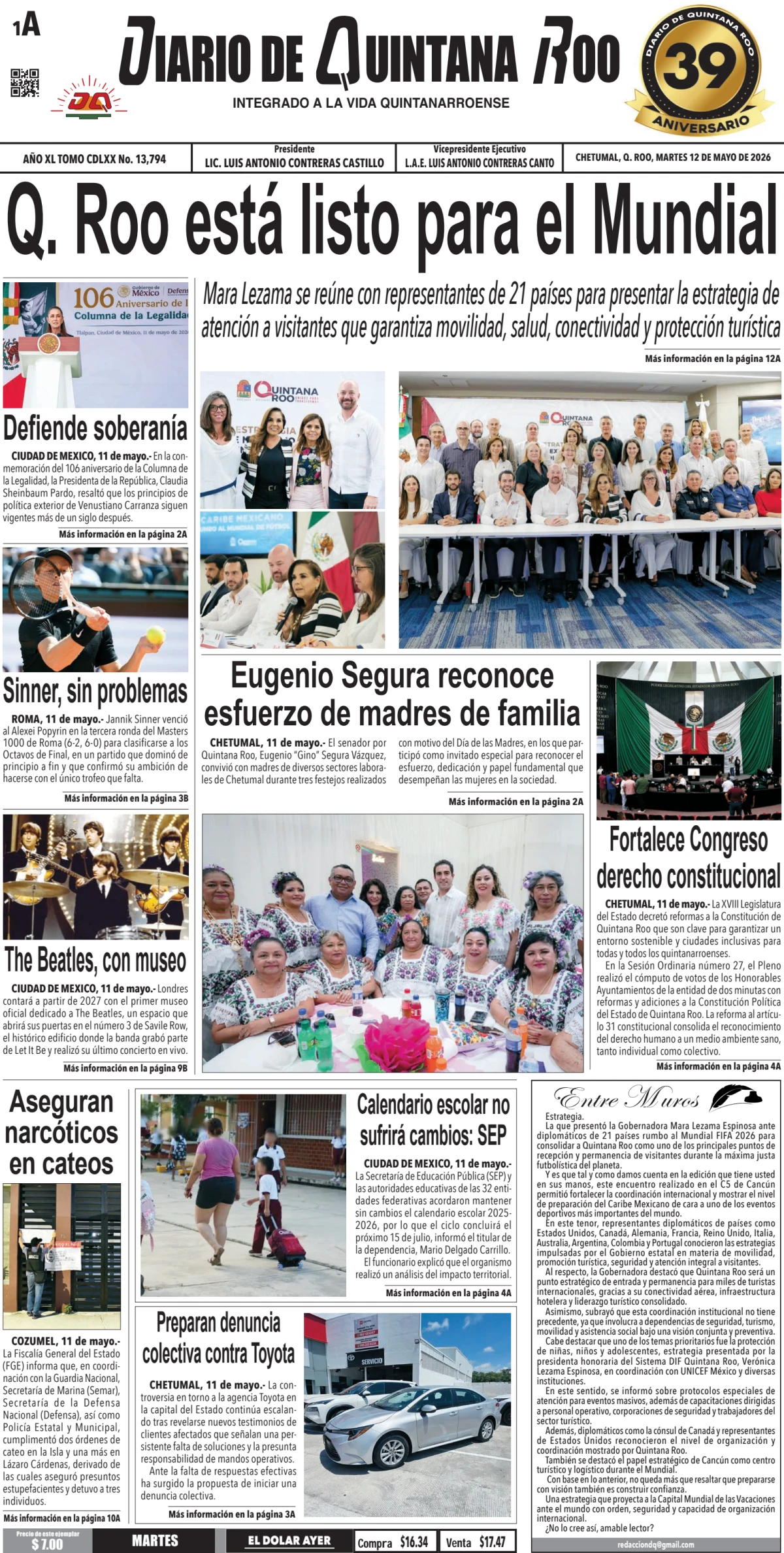 Portada de Diario de Quintana Roo (portada) del martes, 12 de mayo de 2026