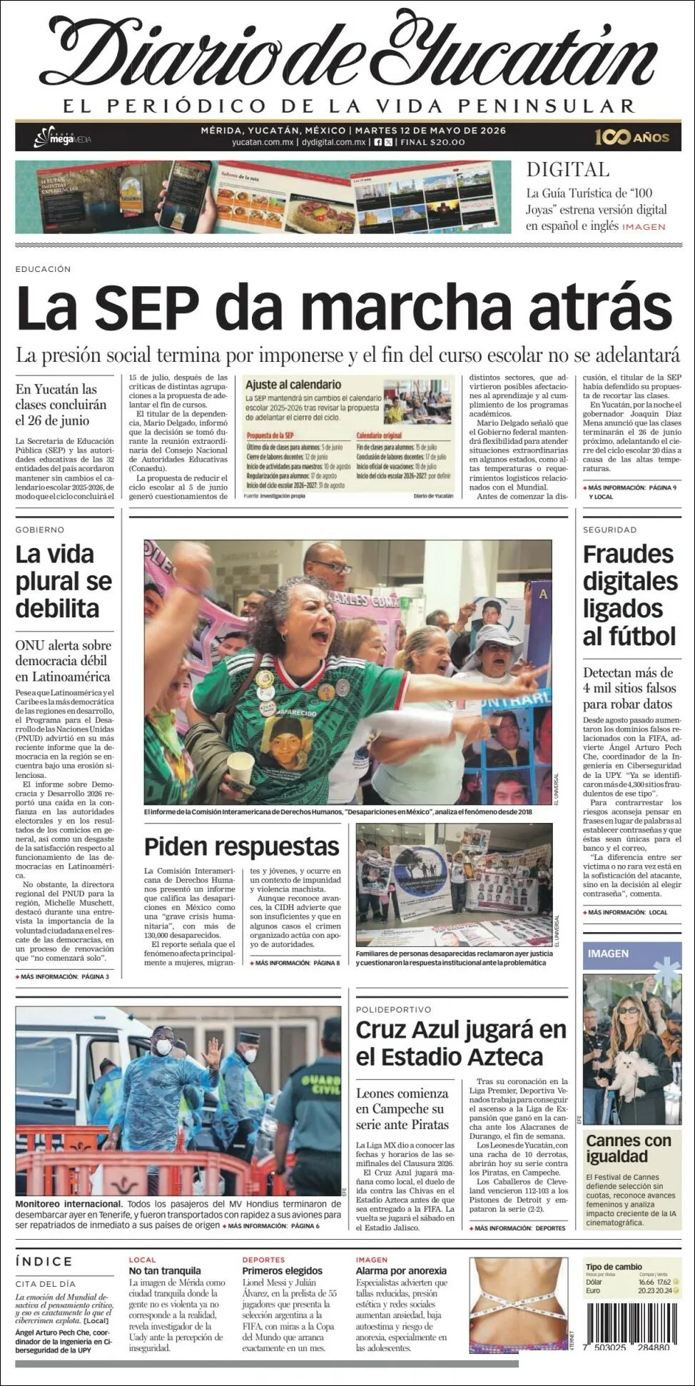 Portada de Diario de Yucatán del martes, 12 de mayo de 2026