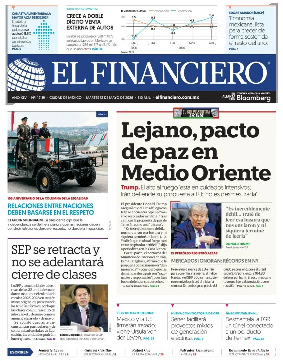 Portada de El Financiero del martes, 12 de mayo de 2026