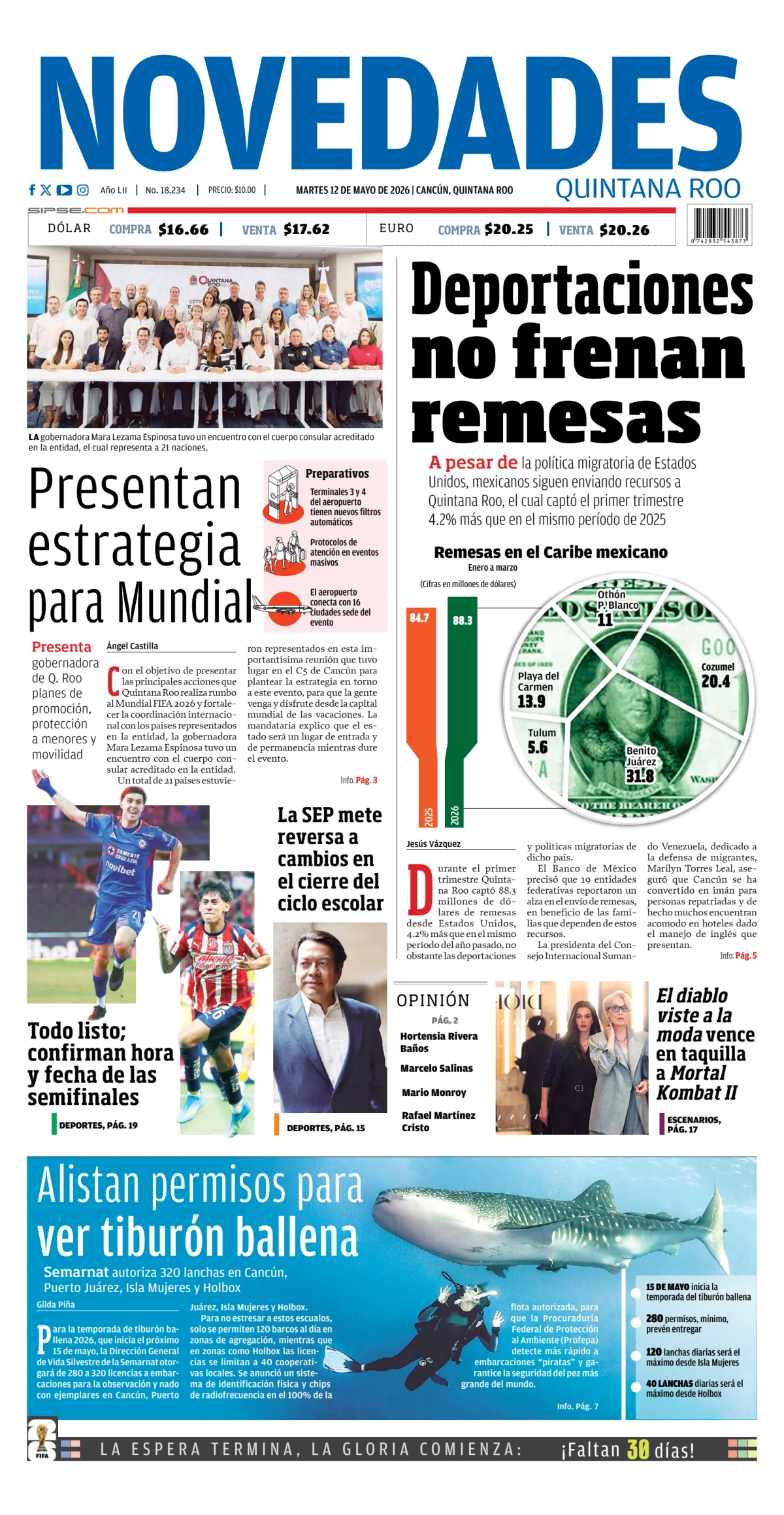 Portada de Novedades Quintana Roo del martes, 12 de mayo de 2026