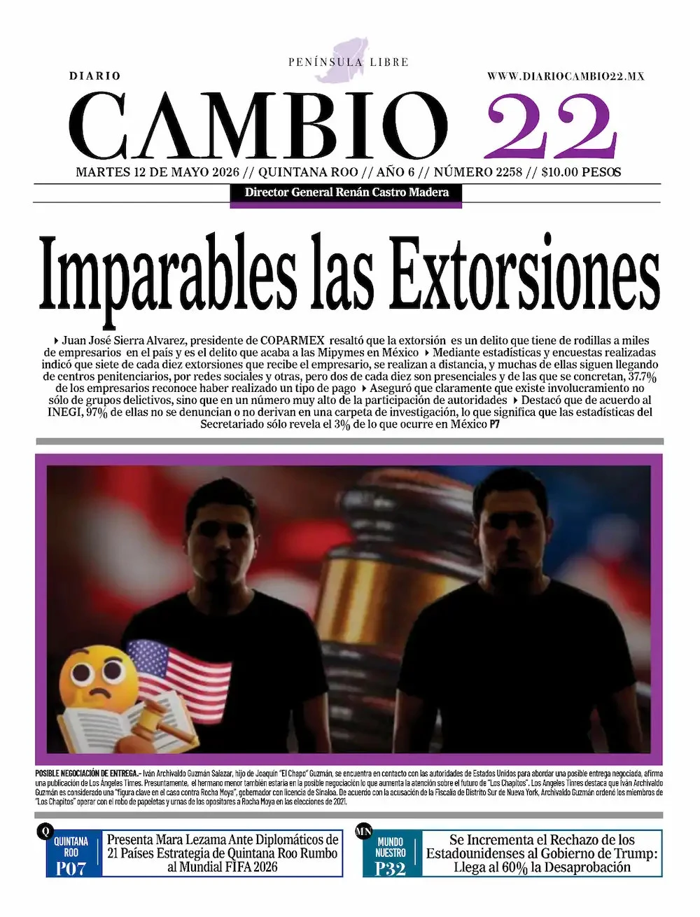 Portada de Diario Cambio 22 (portada) del martes, 12 de mayo de 2026