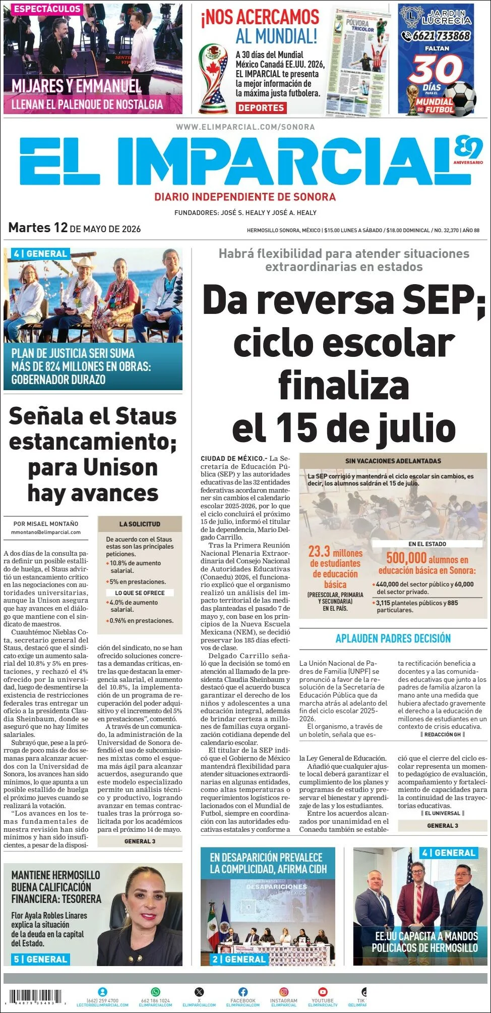 Portada de El Imparcial del martes, 12 de mayo de 2026