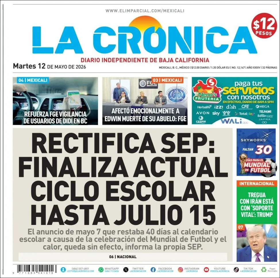 Portada de La Cronica del martes, 12 de mayo de 2026
