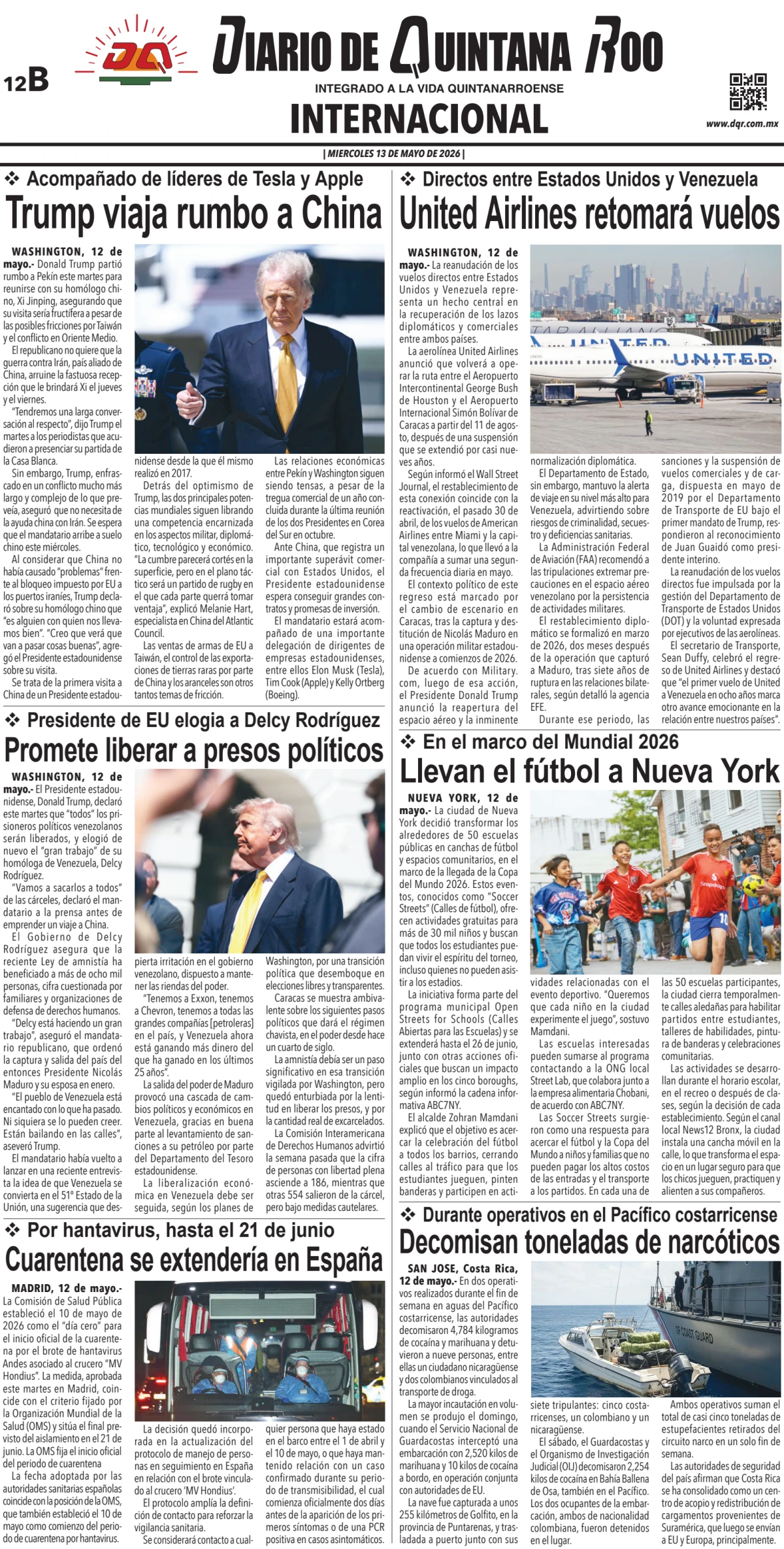 Portada de Diario de Quintana Roo (contra Portada) del miércoles, 13 de mayo de 2026